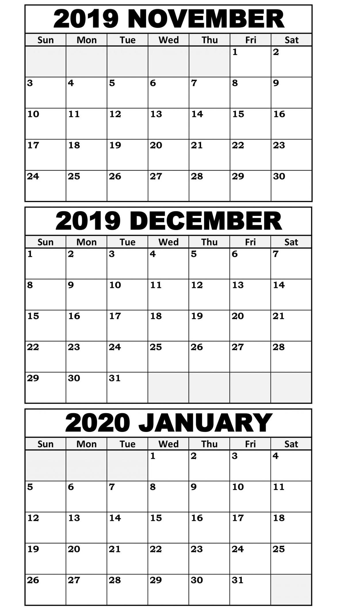 November 2019 To January 2020 Calendar Template - 2019