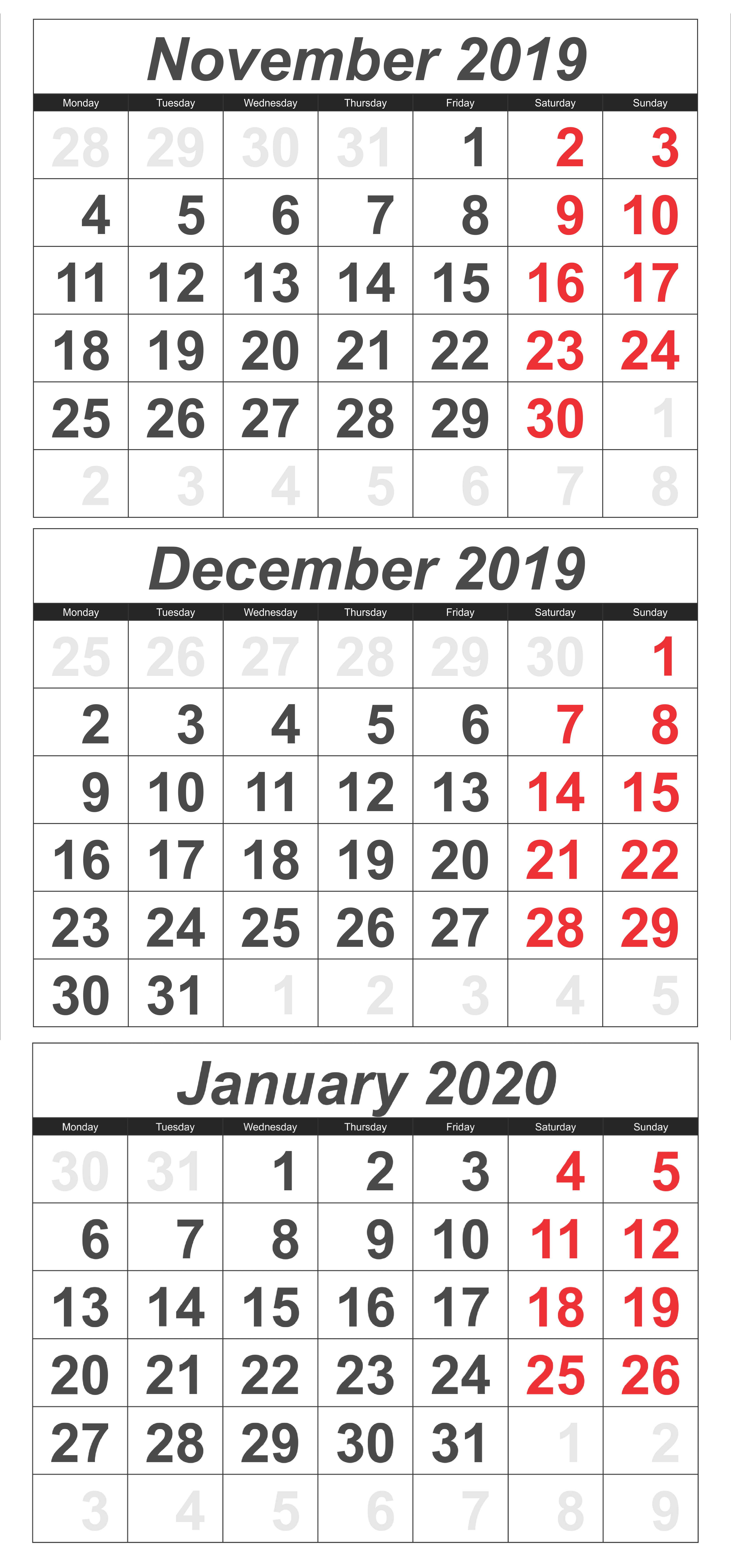 November 2019 To January 2020 Calendar Template - 2019