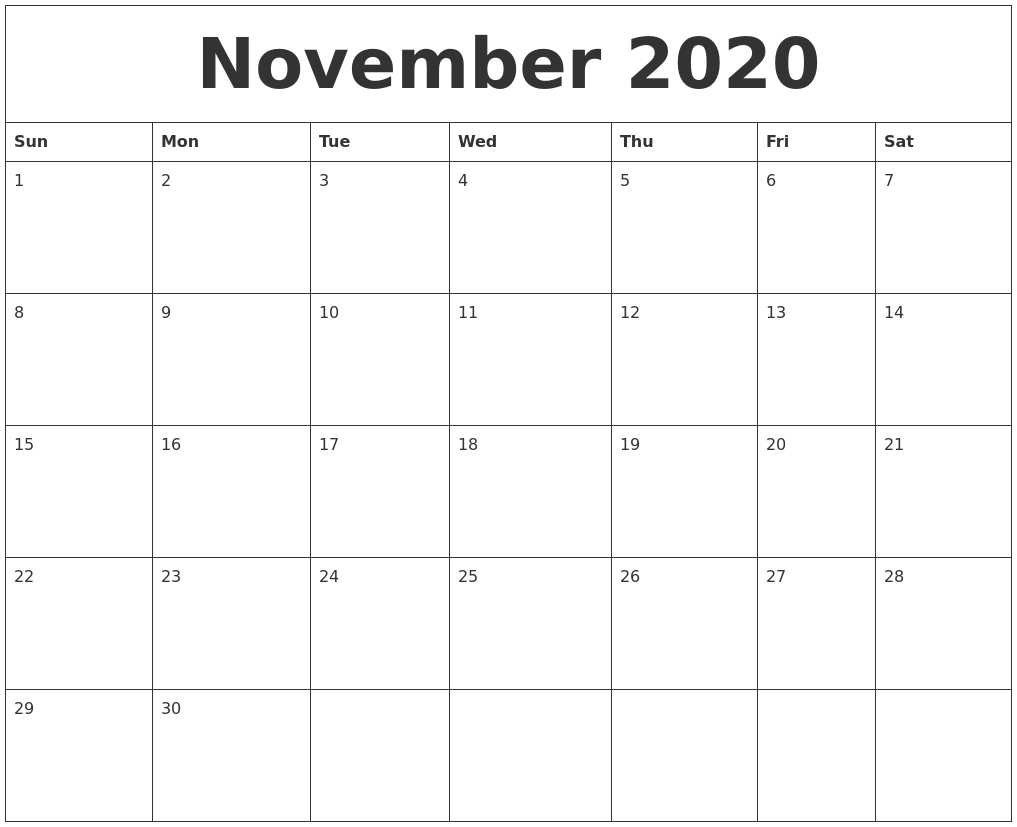 November 2020 Printable December Calendar