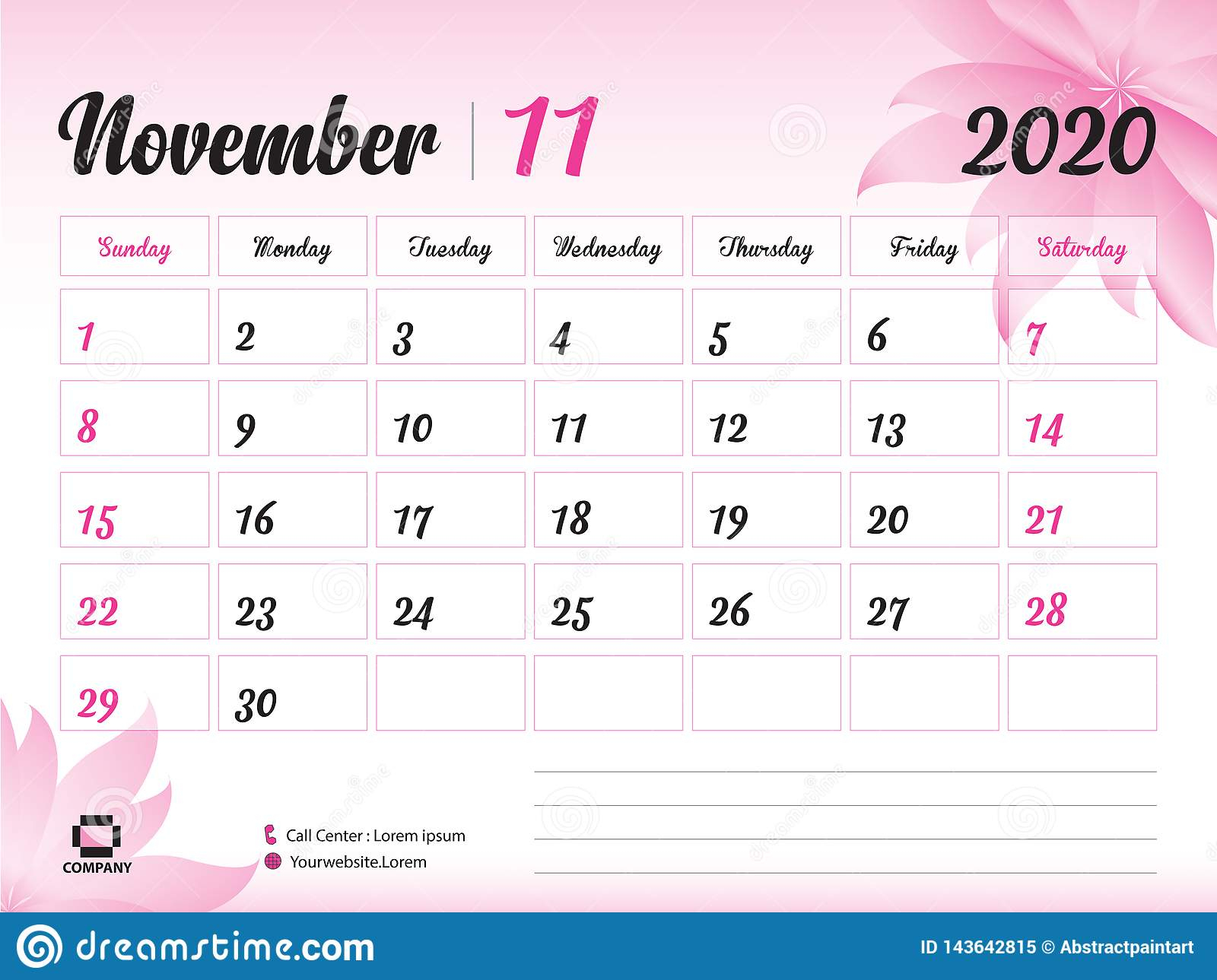 November 2020 Year Template, Calendar 2020 Vector, Desk
