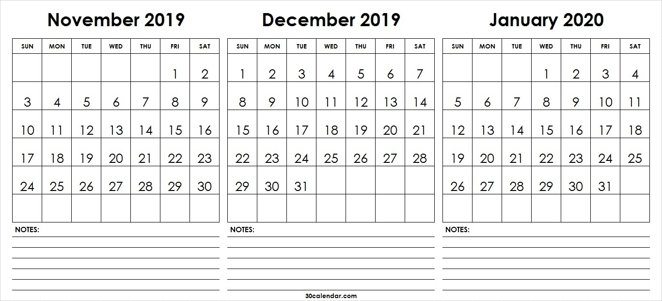 November December 2019 January Calendar 2020 | 3 Month