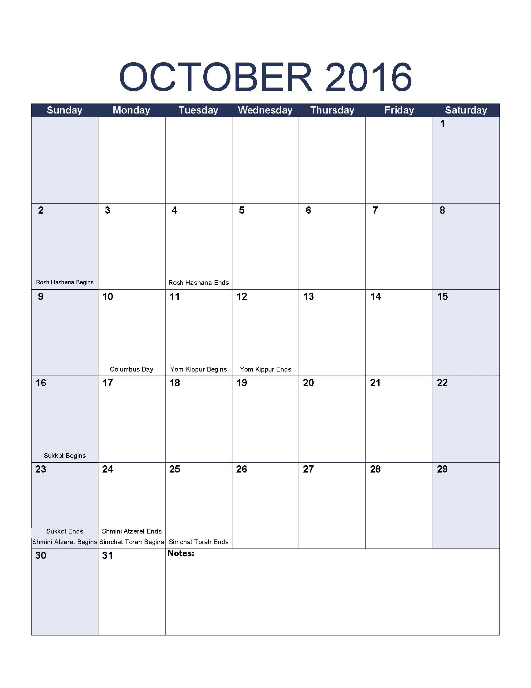 October 2016 Calendar Template Intended For Jewish Holidays