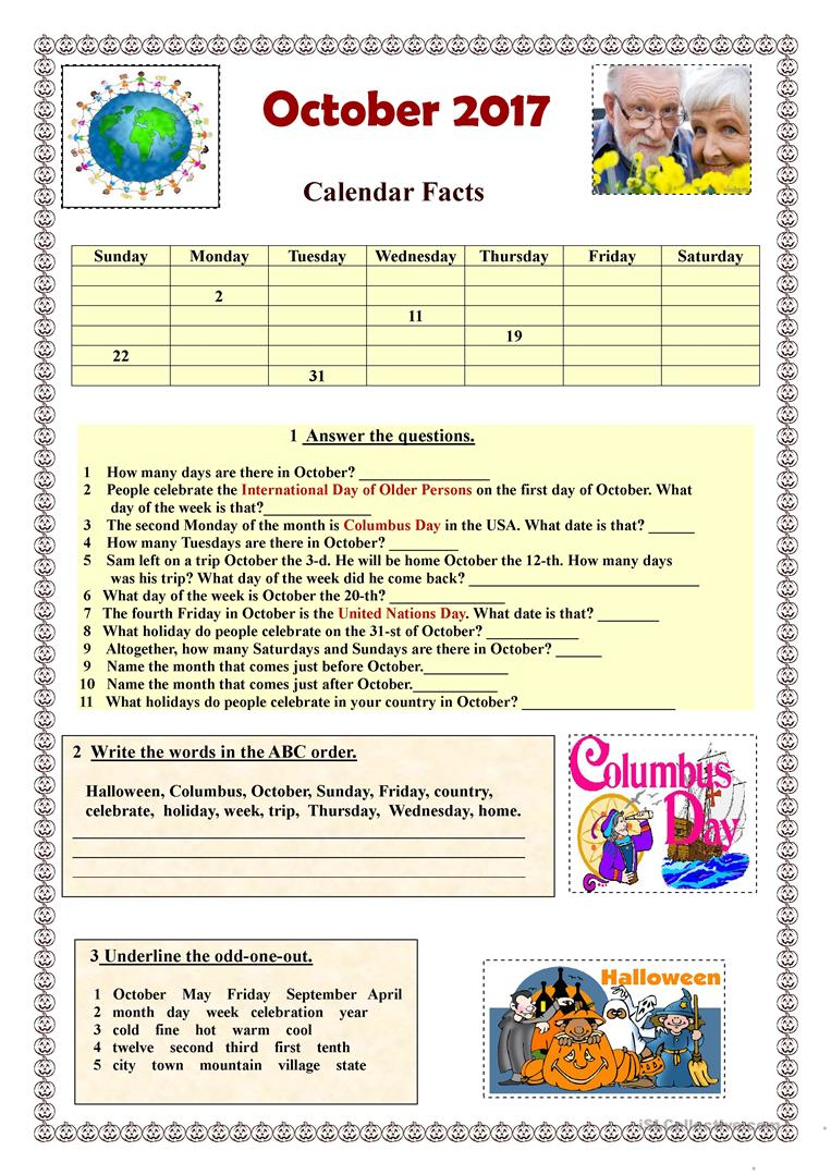 October 2017 Calendar Facts - English Esl Worksheets