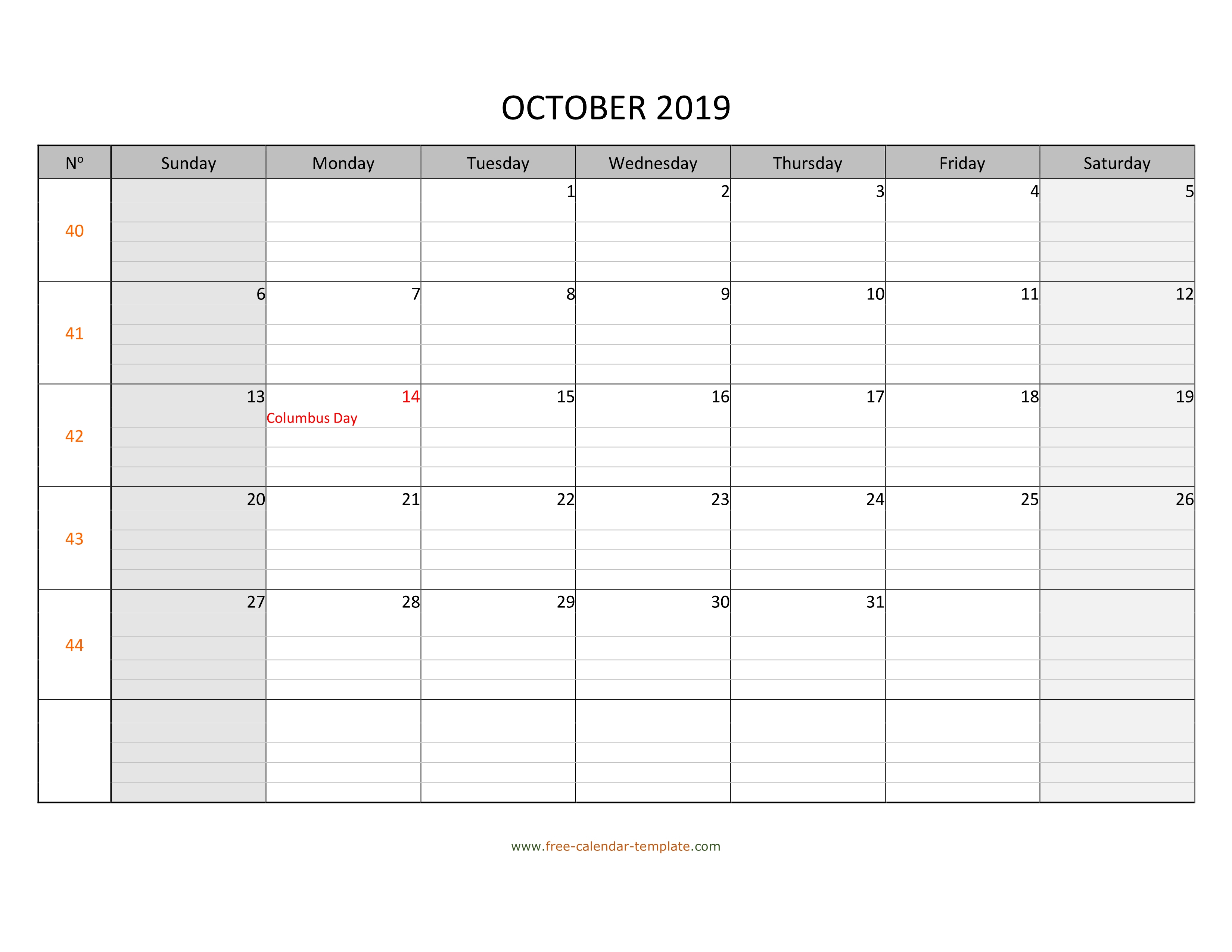 October 2019 Calendar Free Printable With Grid Lines