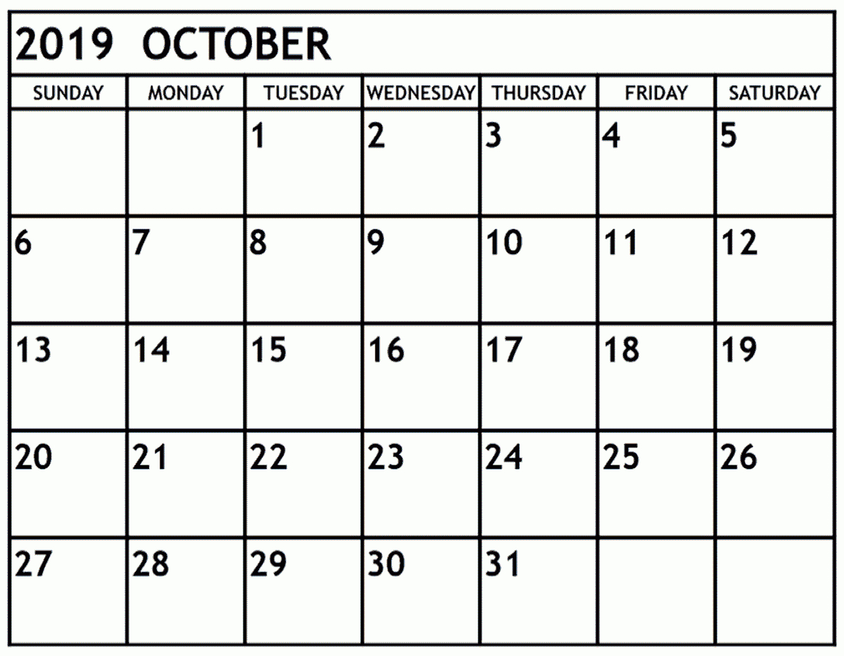 October 2019 Calendar Printable Template Word For