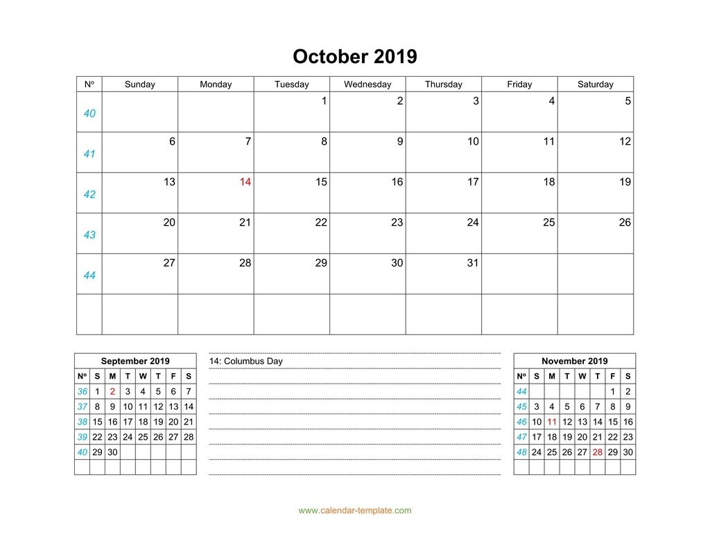 October 2019 Calendar With Previous And Next Month (Bottom)