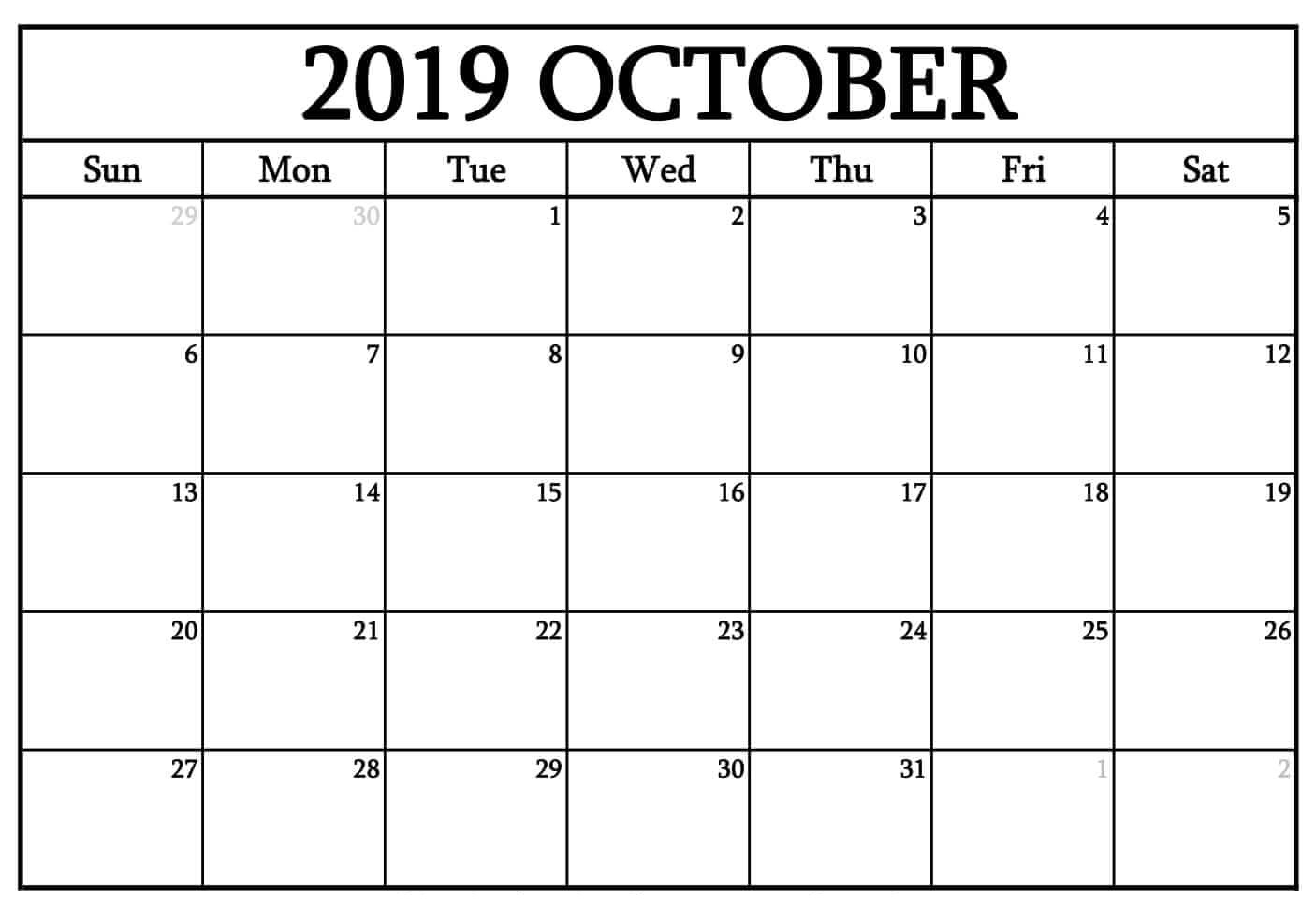 October 2019 Printable Calendar Word, Pdfmonth - Latest