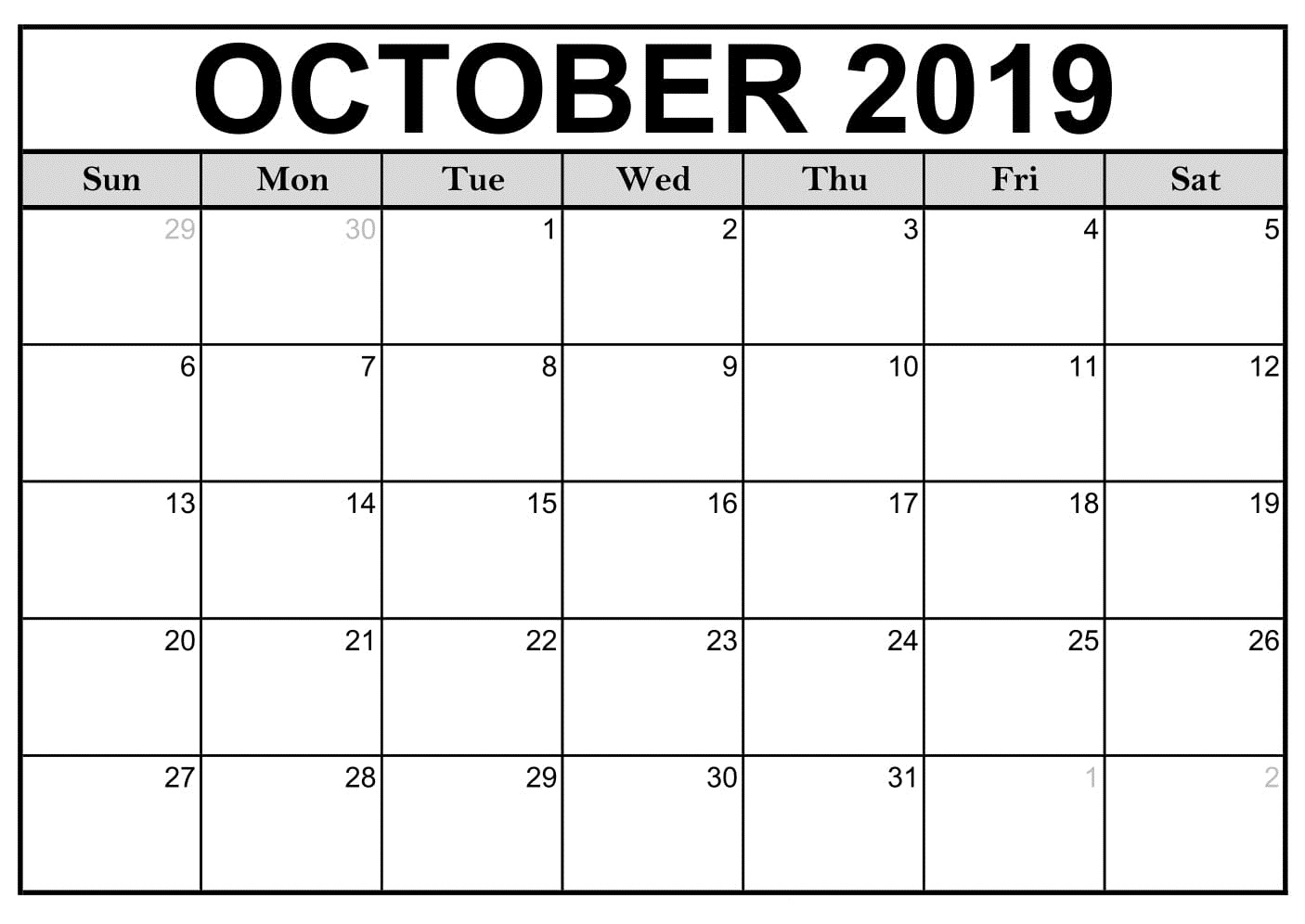 October 2019 Printable Calendar Word, Pdfmonth - Latest