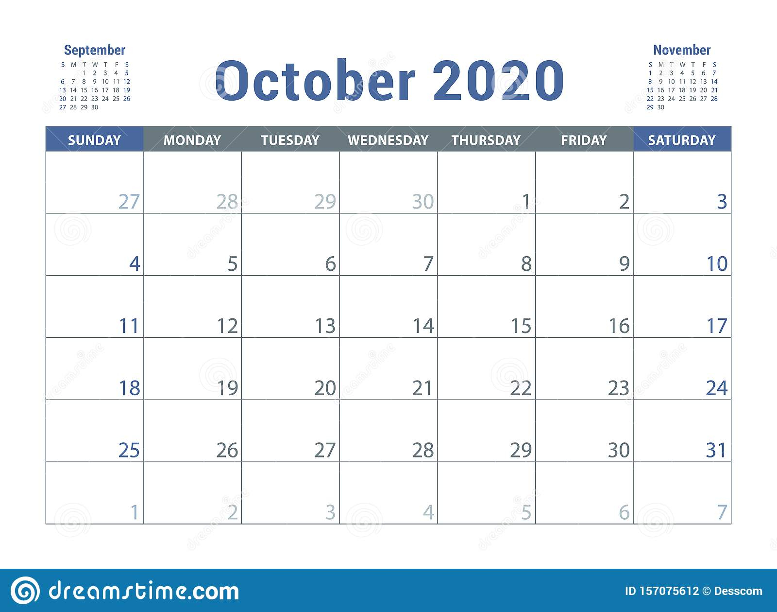 October 2020 Calendar. English Planner. Сolor Vector
