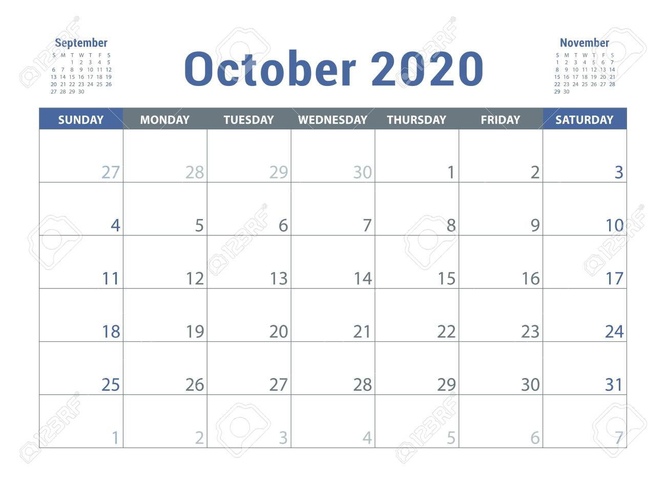 October 2020 Calendar. English Planner. Ð¡olor Vector Template. Week Starts  On Sunday. Business Planning. New Year Calender. Clean Minimal Table.