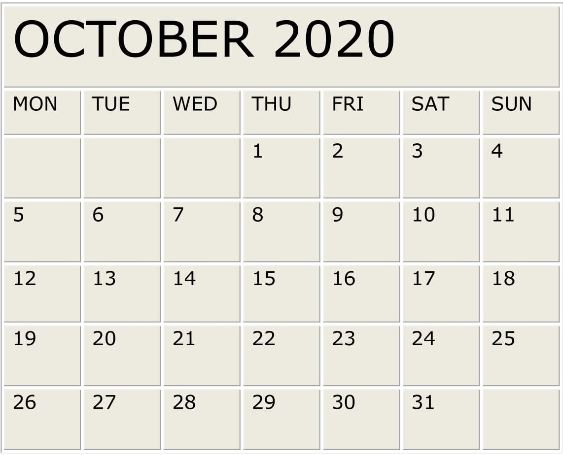 October 2020 Calendar Monthly Template – Free Latest