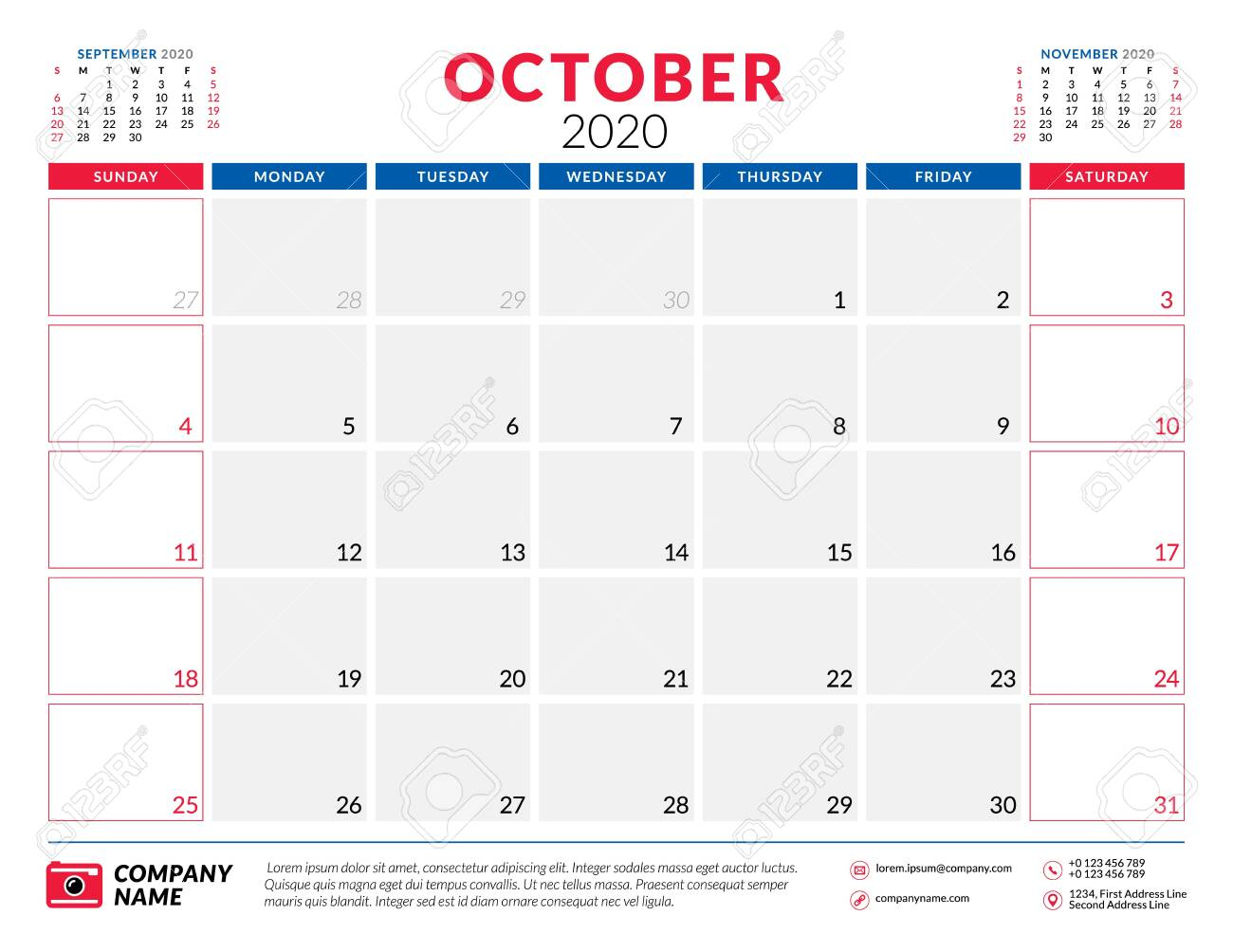 October 2020. Calendar Planner Stationery Design Template. Vector..