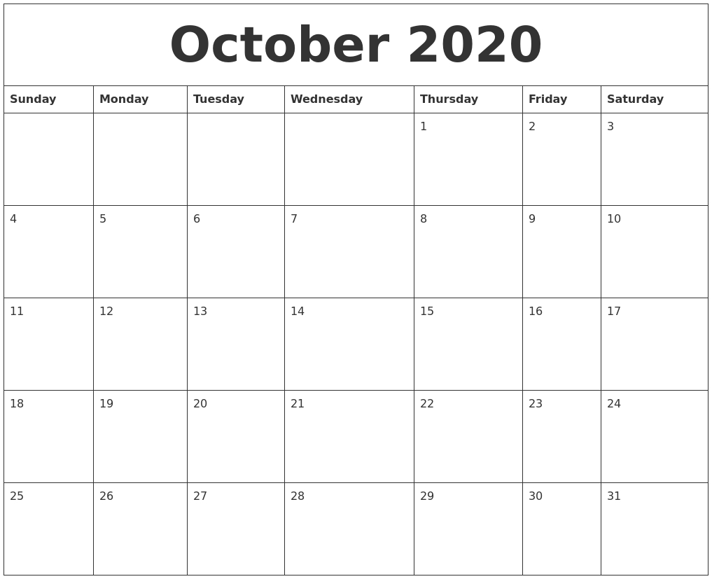 October 2020 Calender Print