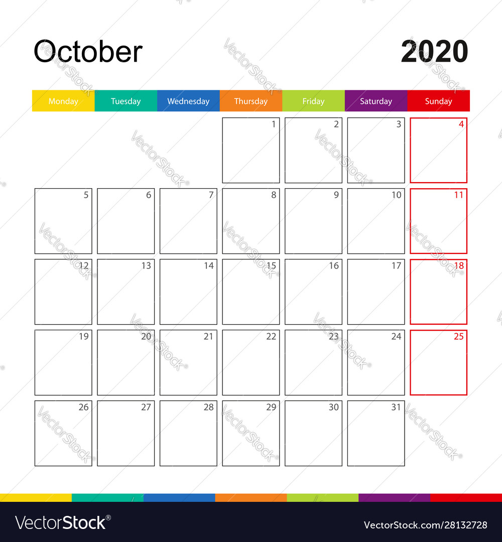 October 2020 Colorful Wall Calendar Week Starts