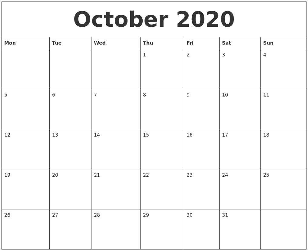 October 2020 Free Printable Calendar Templates