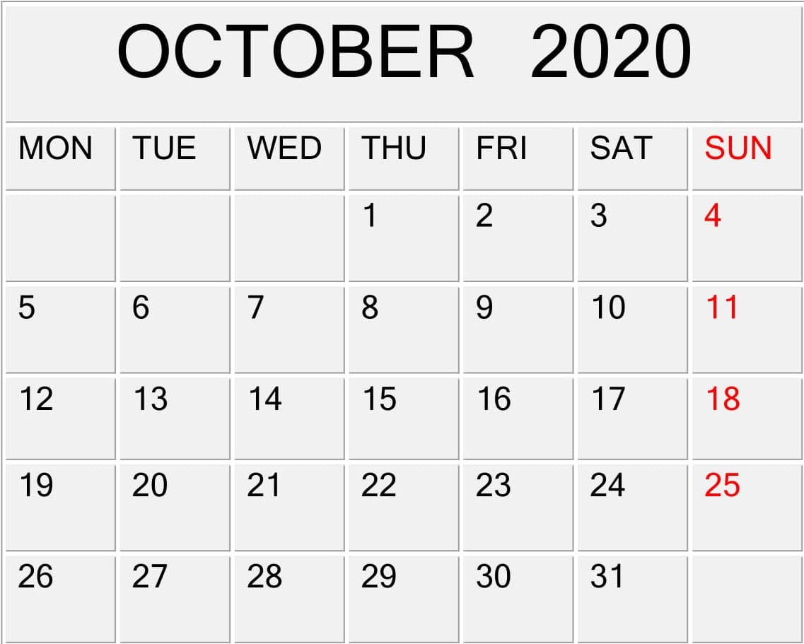 October 2020 Printable Calendar Pdf Template – Free Latest