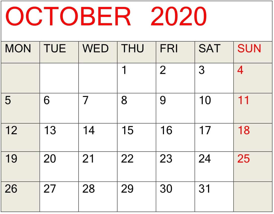 October 2020 Printable Calendar Pdf Template – Free Latest