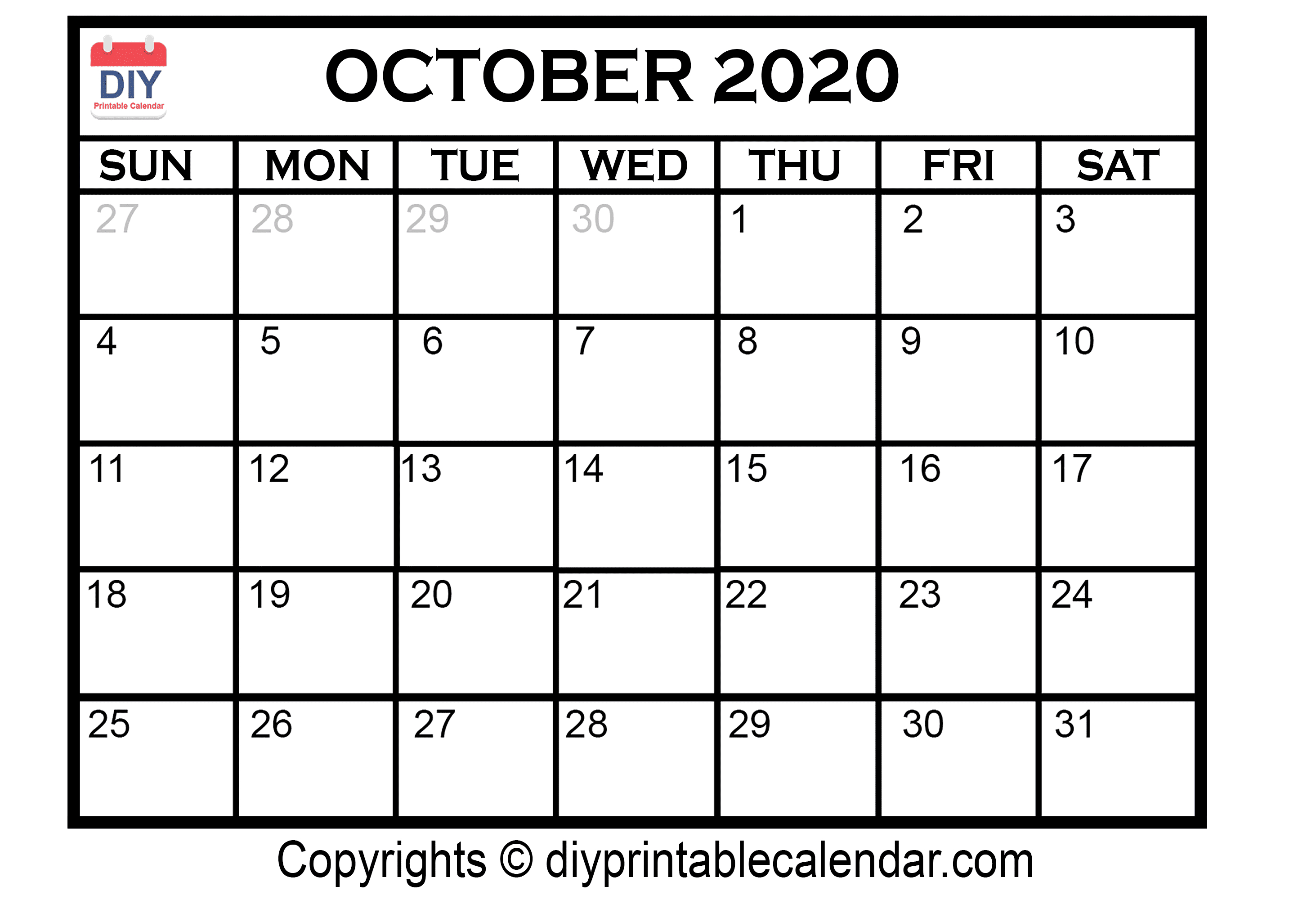 October 2020 Printable Calendar Template