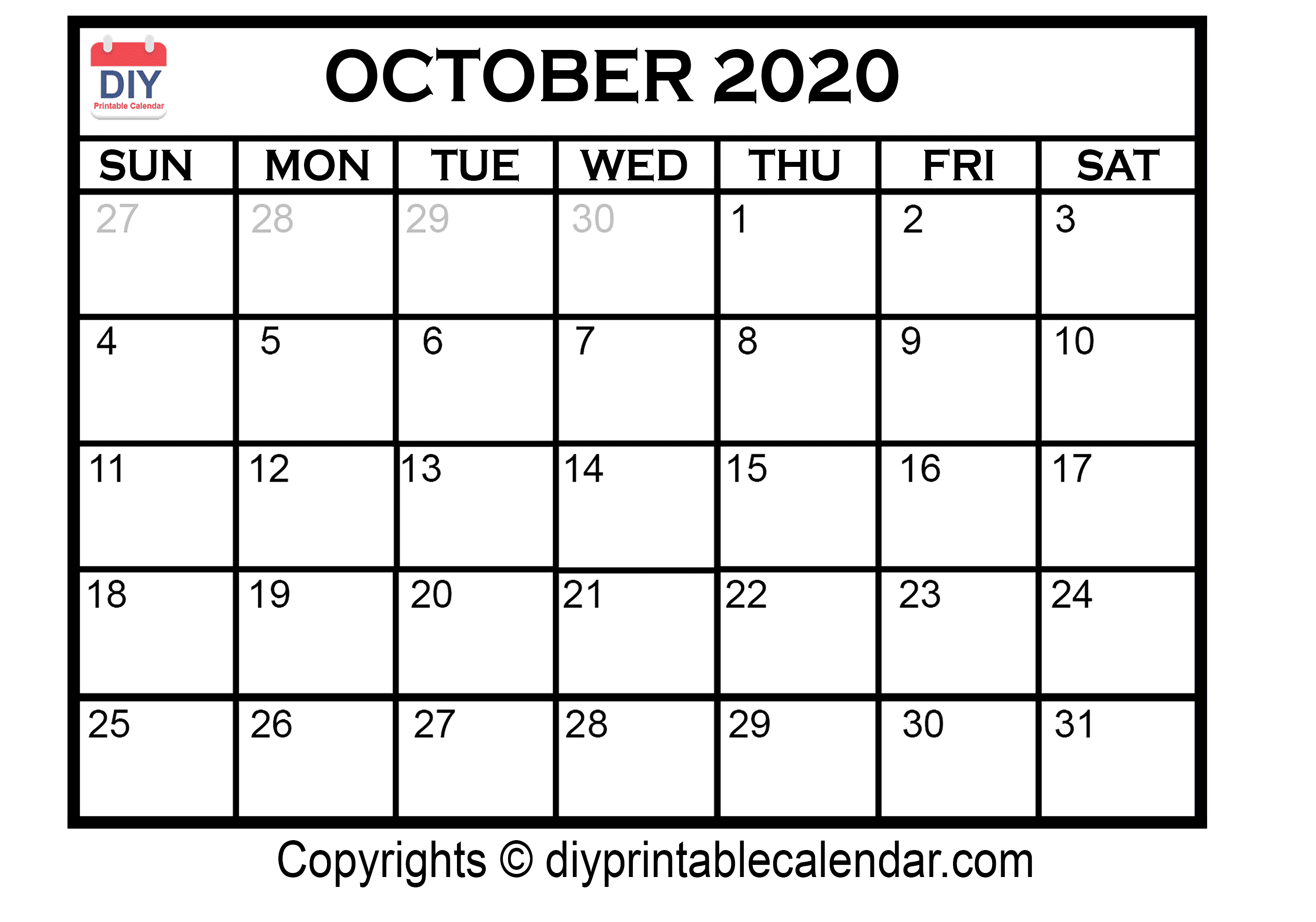 Printable Calendar Oct 2020