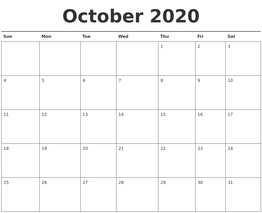 October 2020 Printable Calendar - Wpa.wpart.co