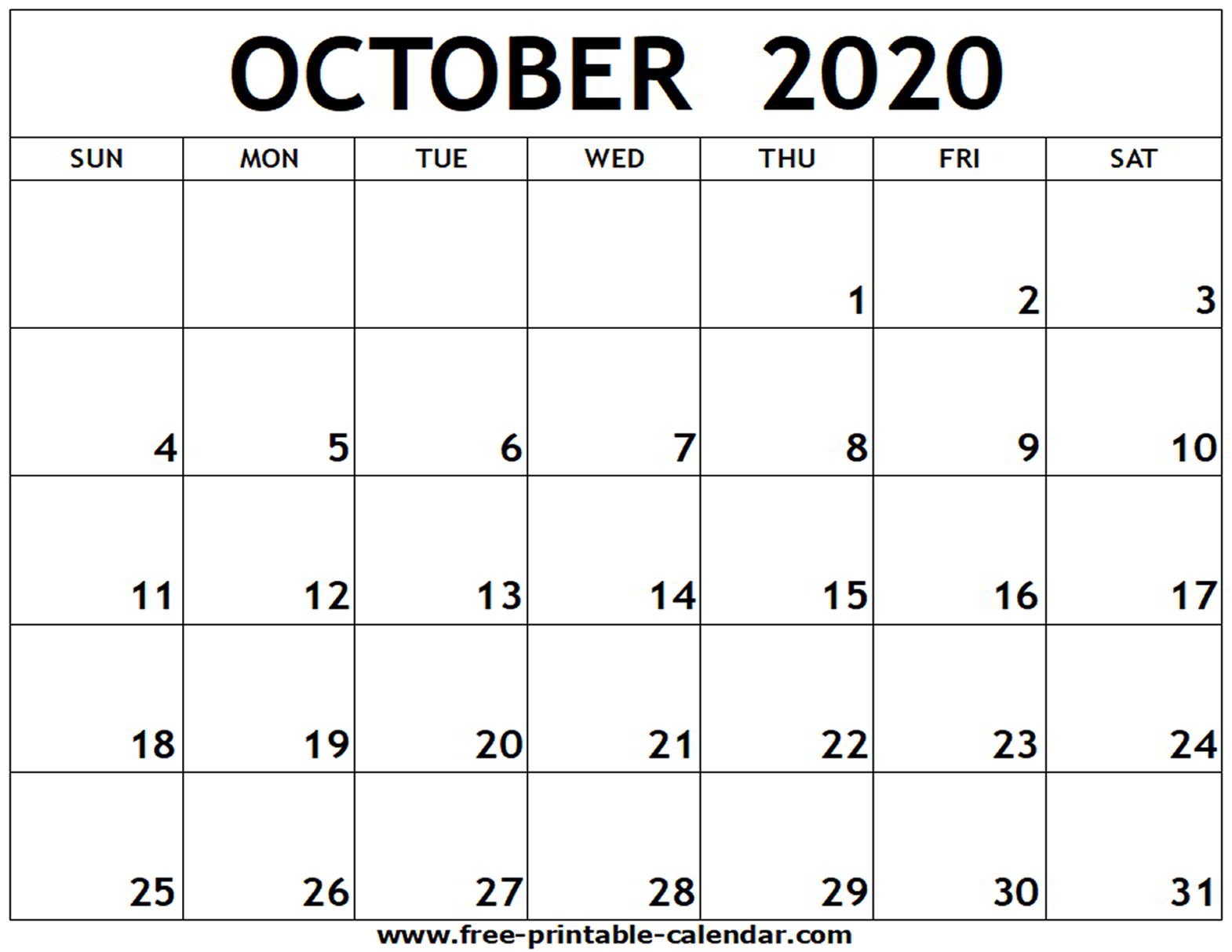 Printable Calendar Oct 2020