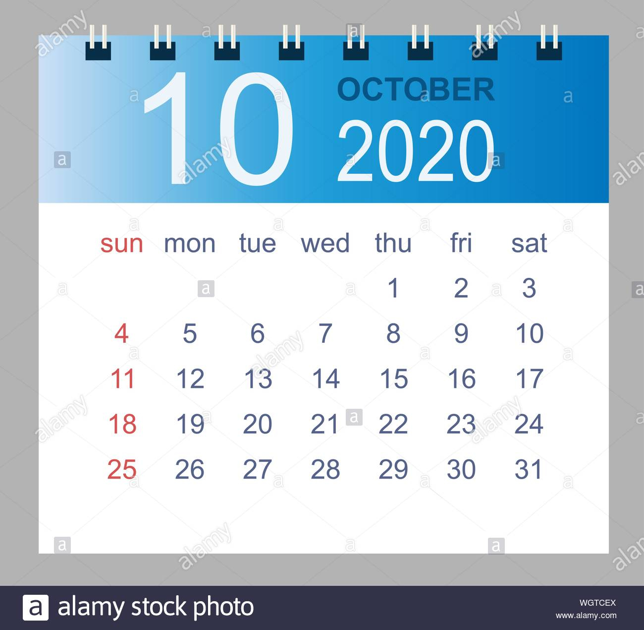 October 2020. Vector Monthly Calendar Template 2020 Year In