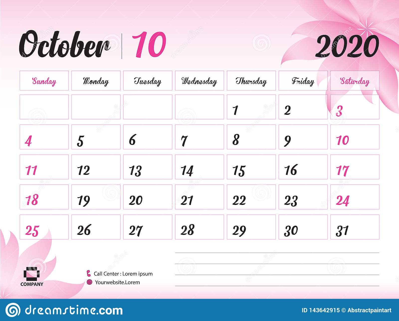 October 2020 Year Template, Calendar 2020 Vector, Desk