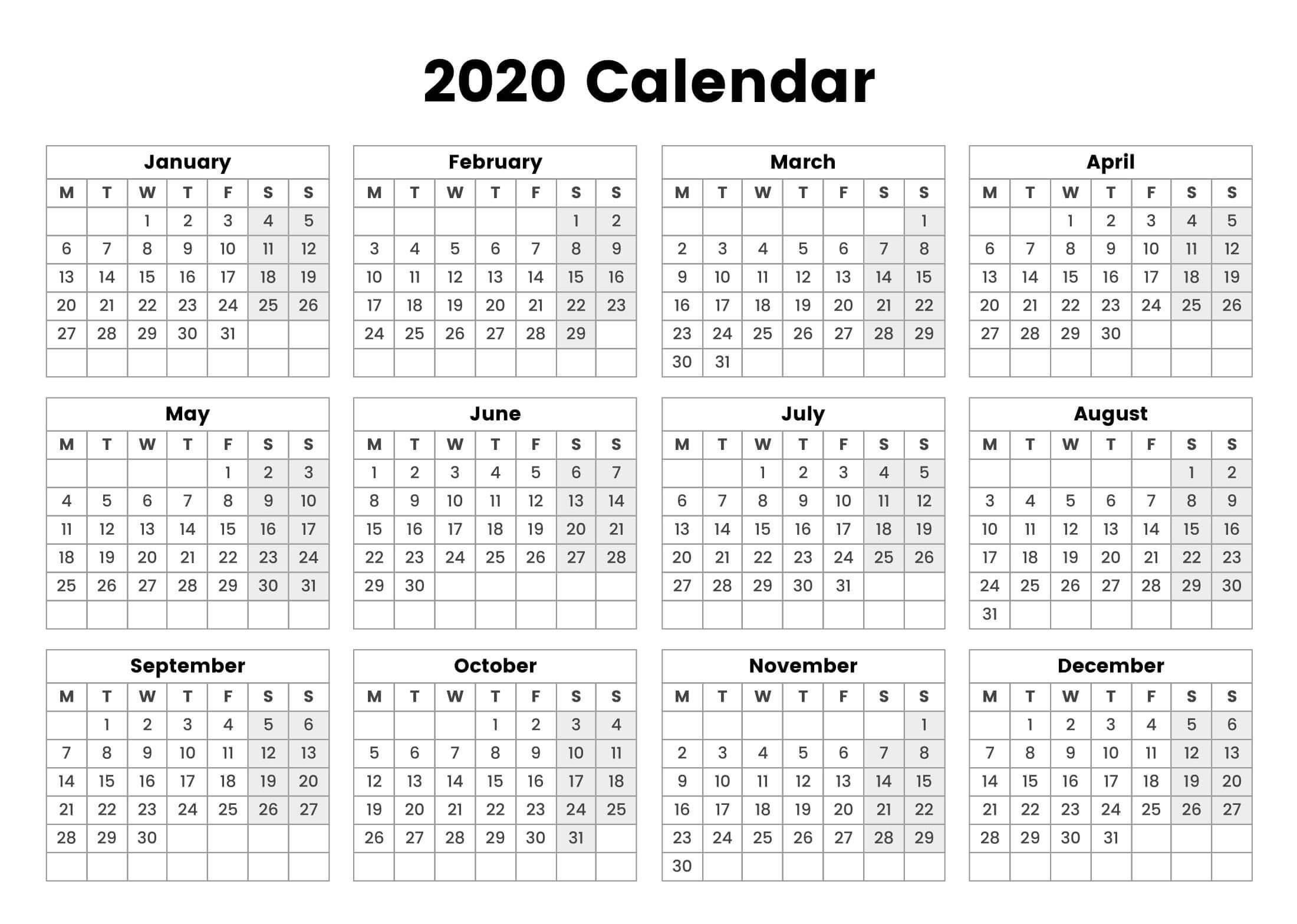 One Page Yearly Calendar 2020 Printable Cute - 2019