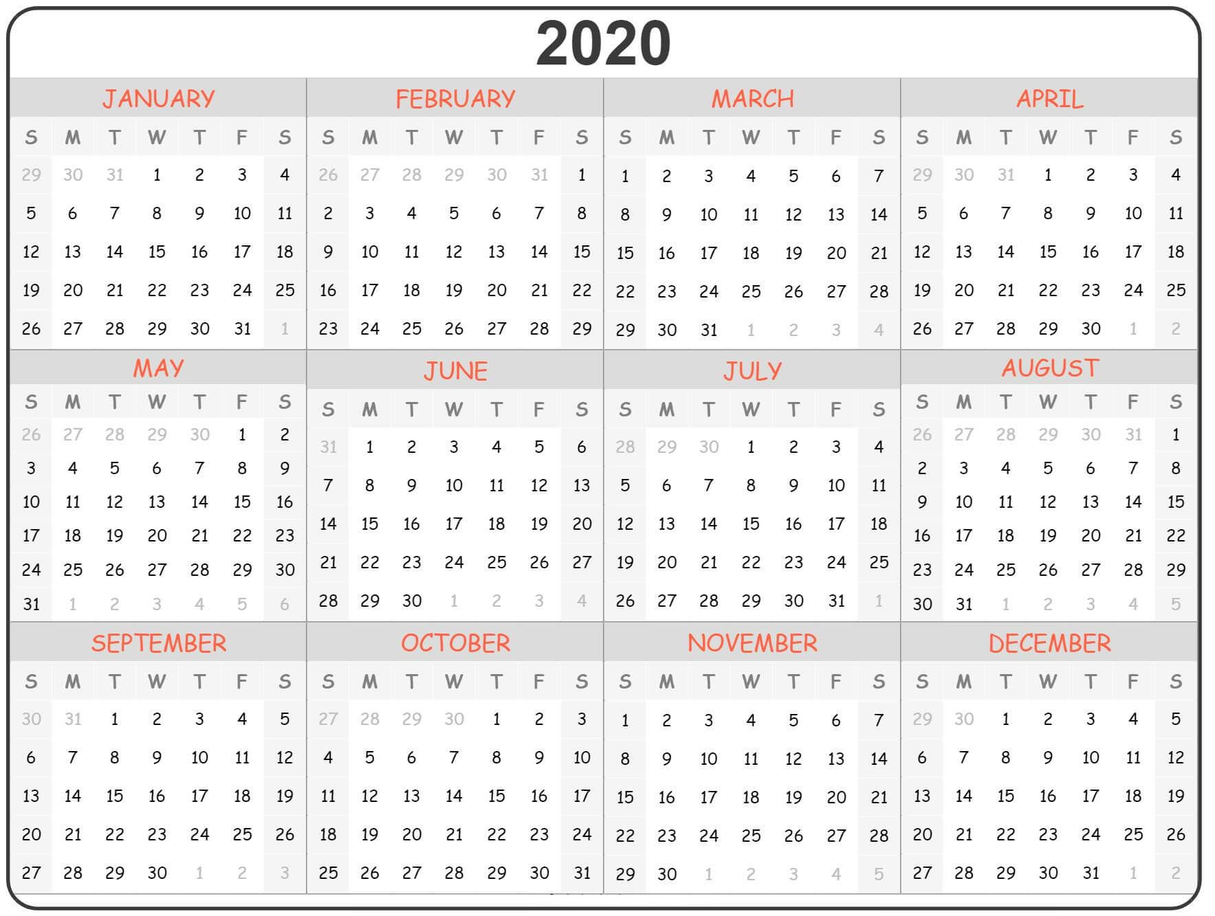 One Page Yearly Calendar 2020 Printable Cute - 2019