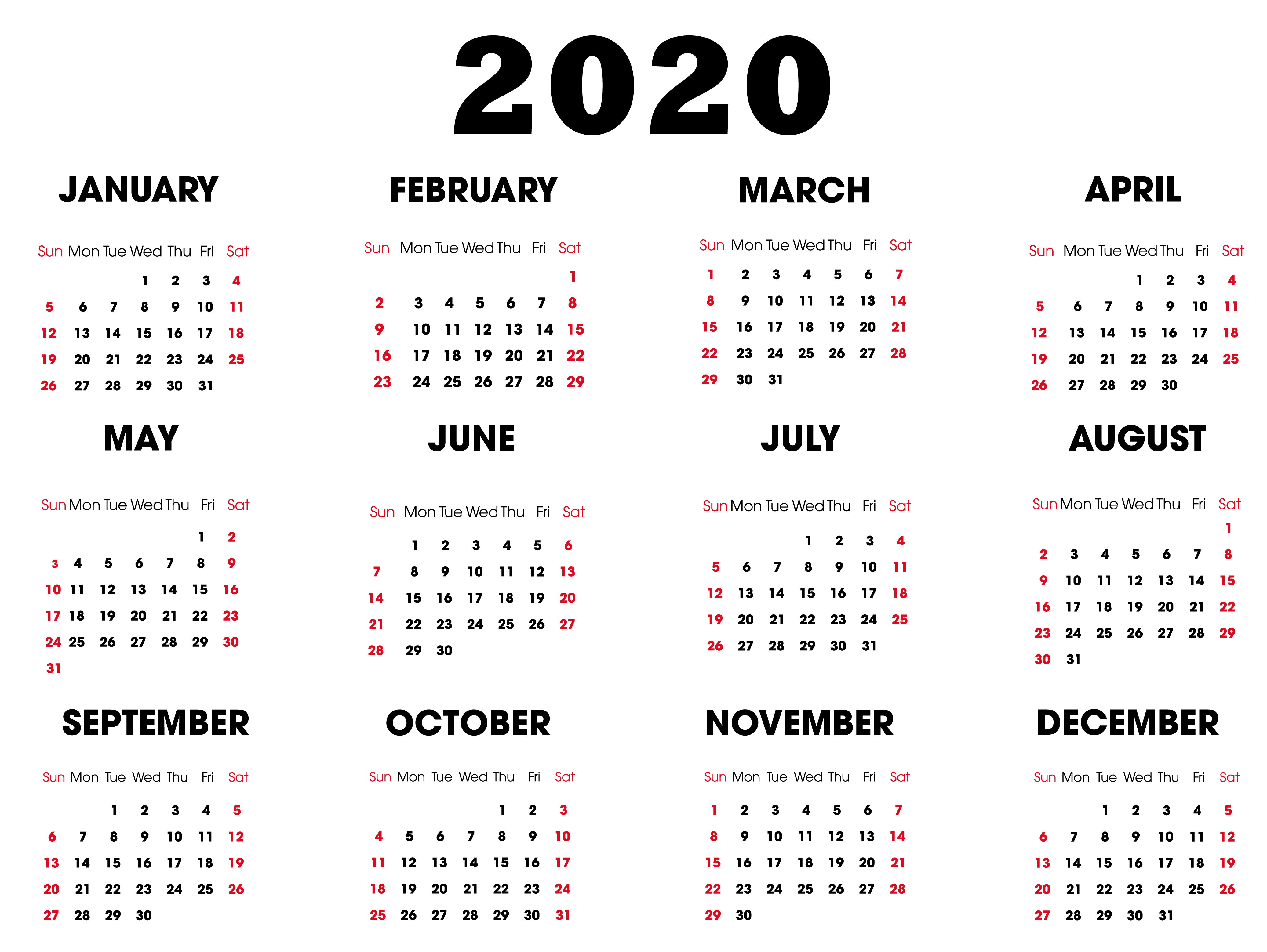 One Year Small Calendar 2020 Template Horizontal - Set Your
