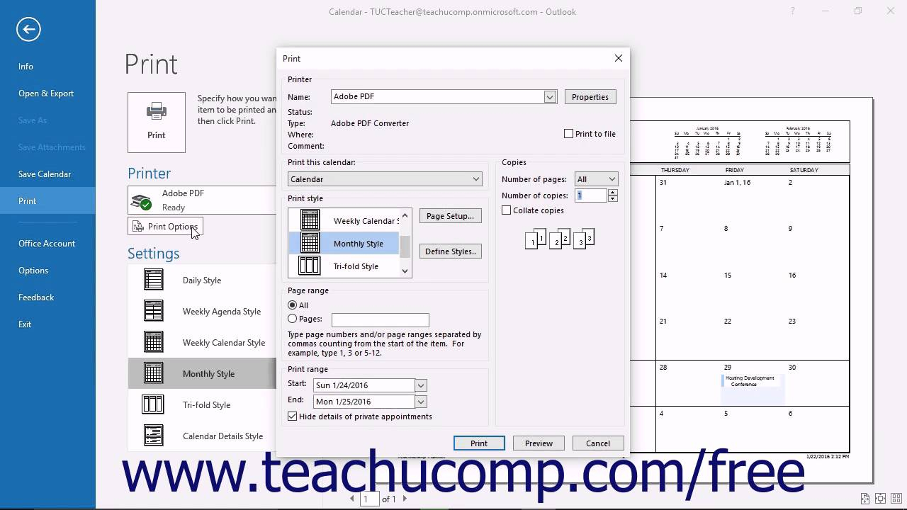 Outlook 2016 Tutorial Printing The Calendar Microsoft Training Lesson