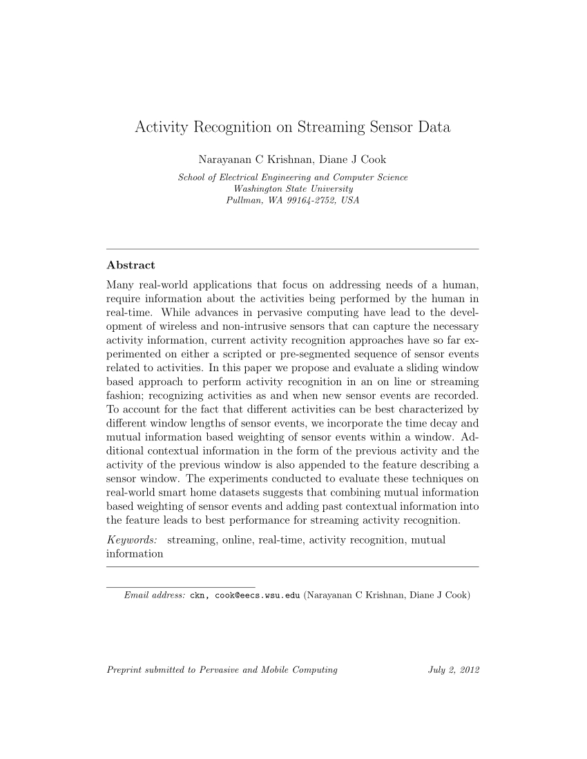 Pdf) Activity Recognition On Streaming Sensor Data