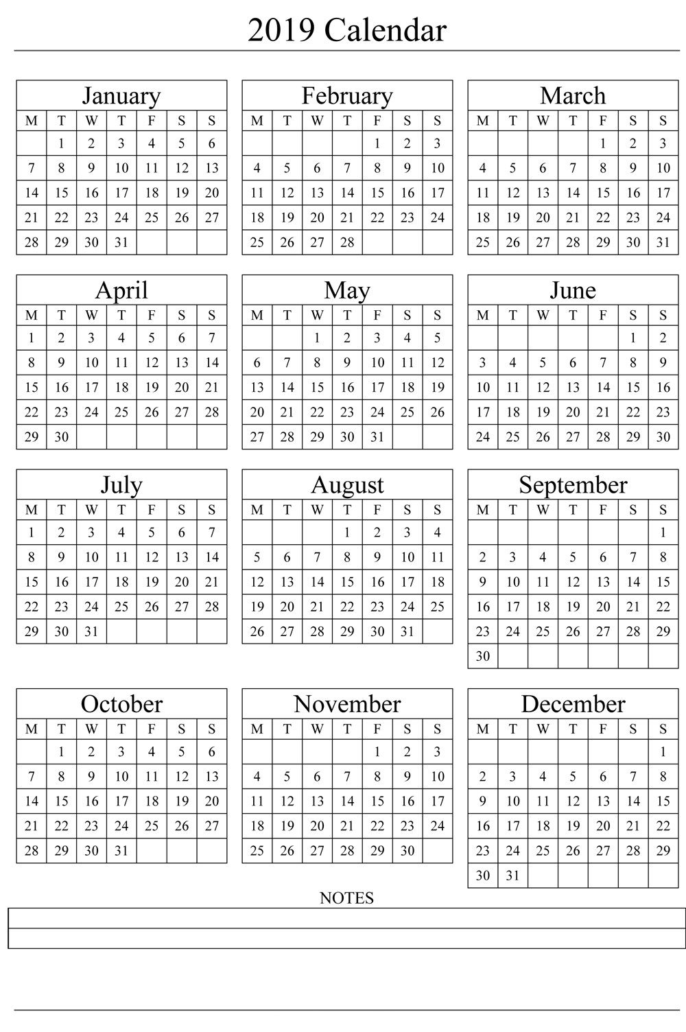 Posh 1 Year Calendar On One Page 2019 : Mini Calendar Template