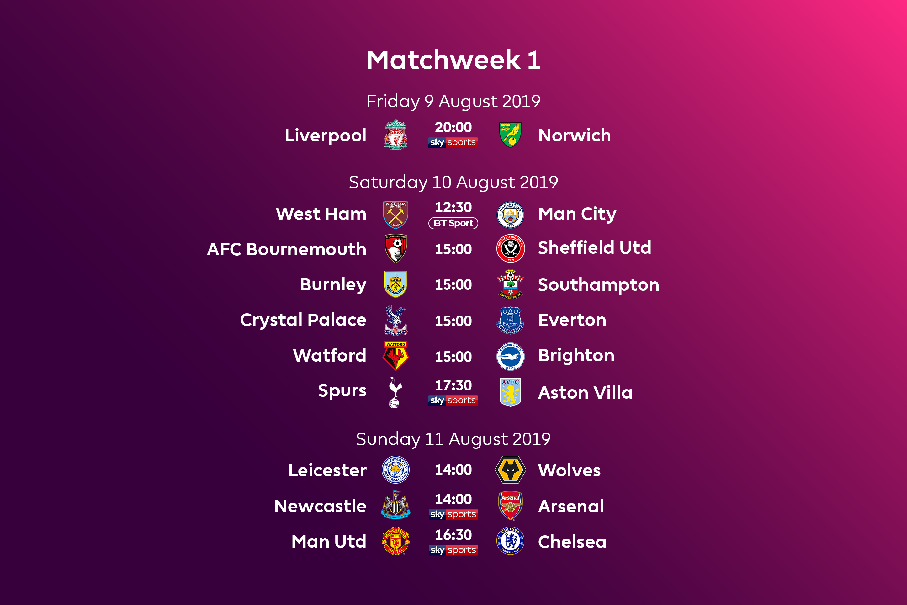 Premier League Fixtures For 2019/20 Announced