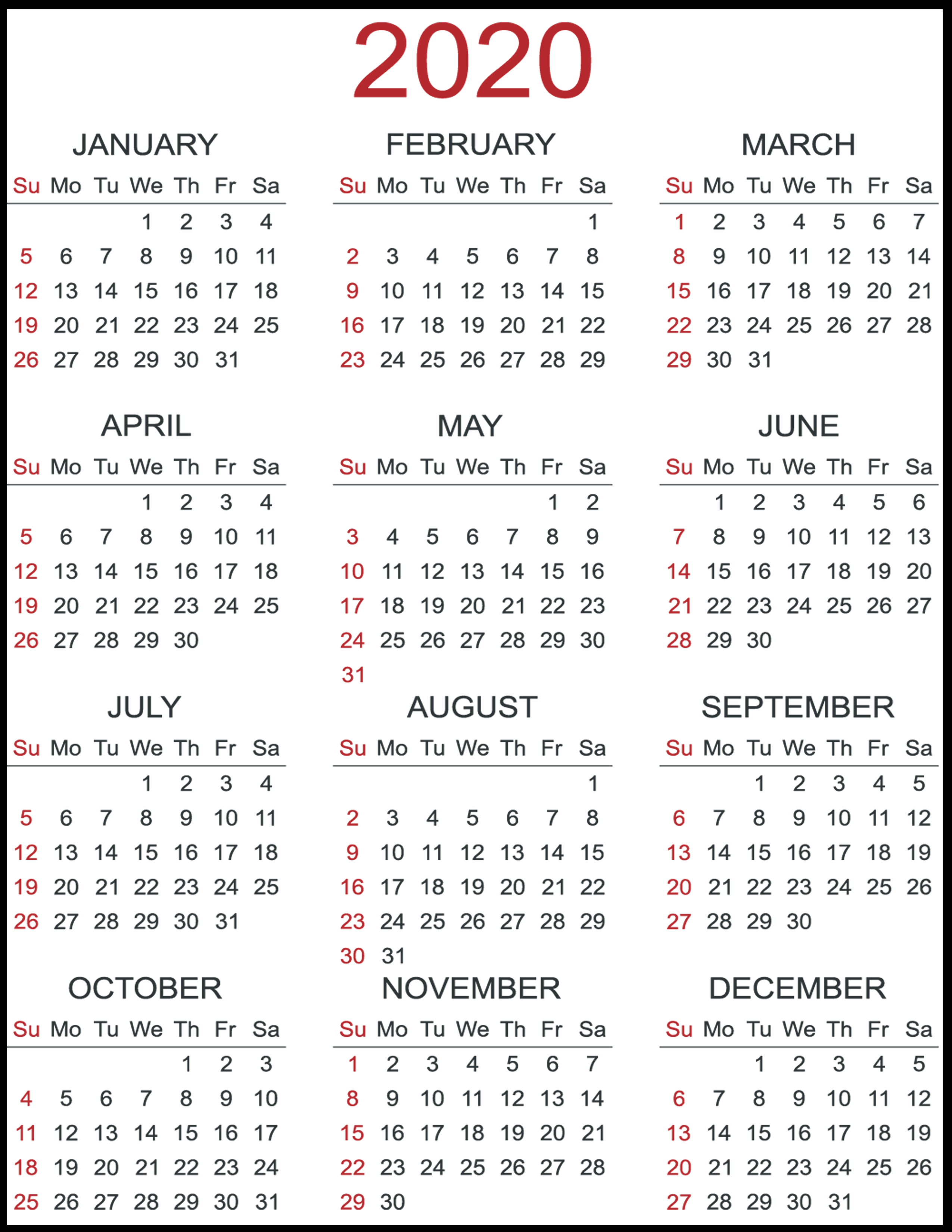 Print 2020 Year Calendar - Wpa.wpart.co