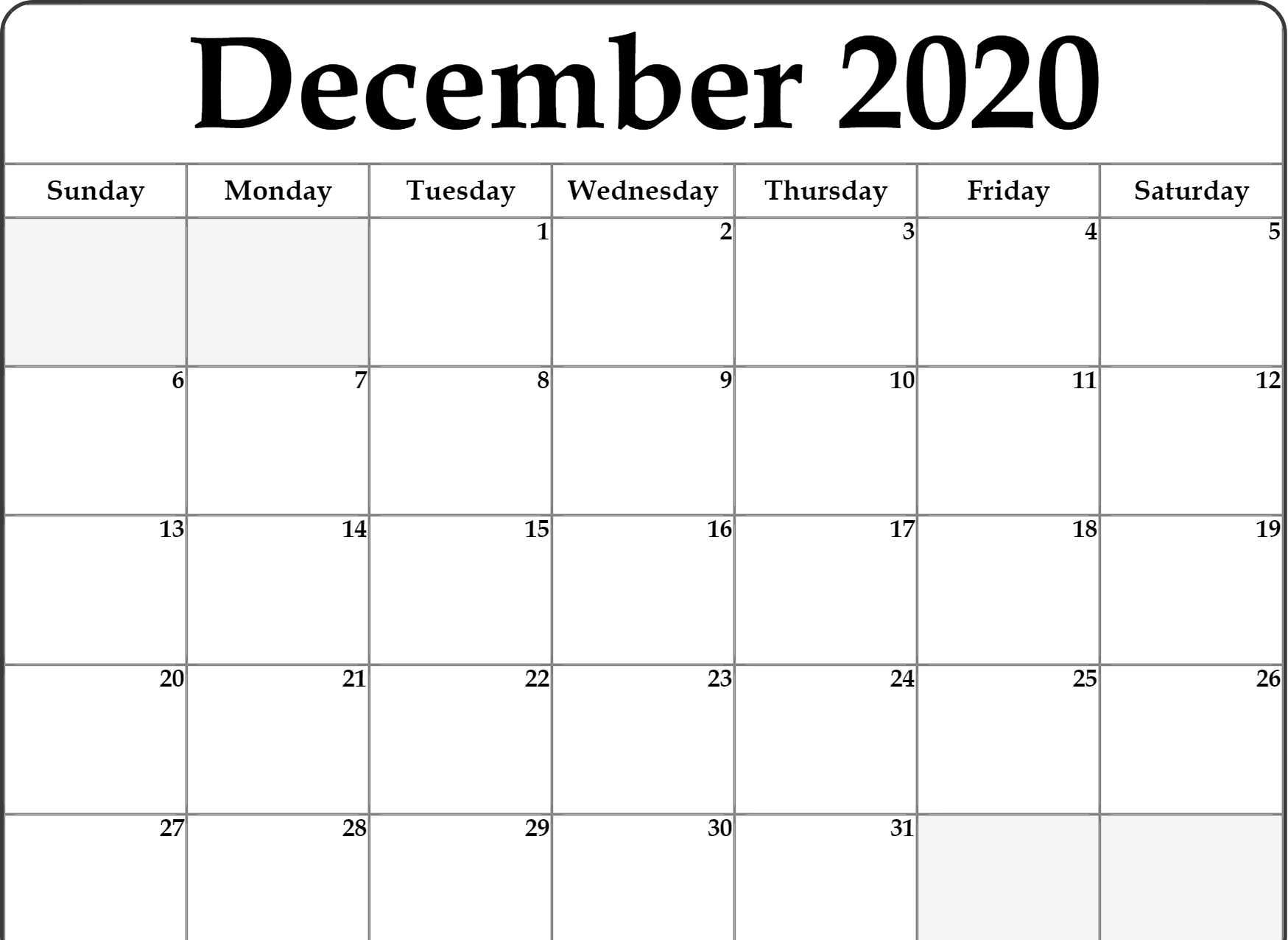 December 2020 Calendar Printable