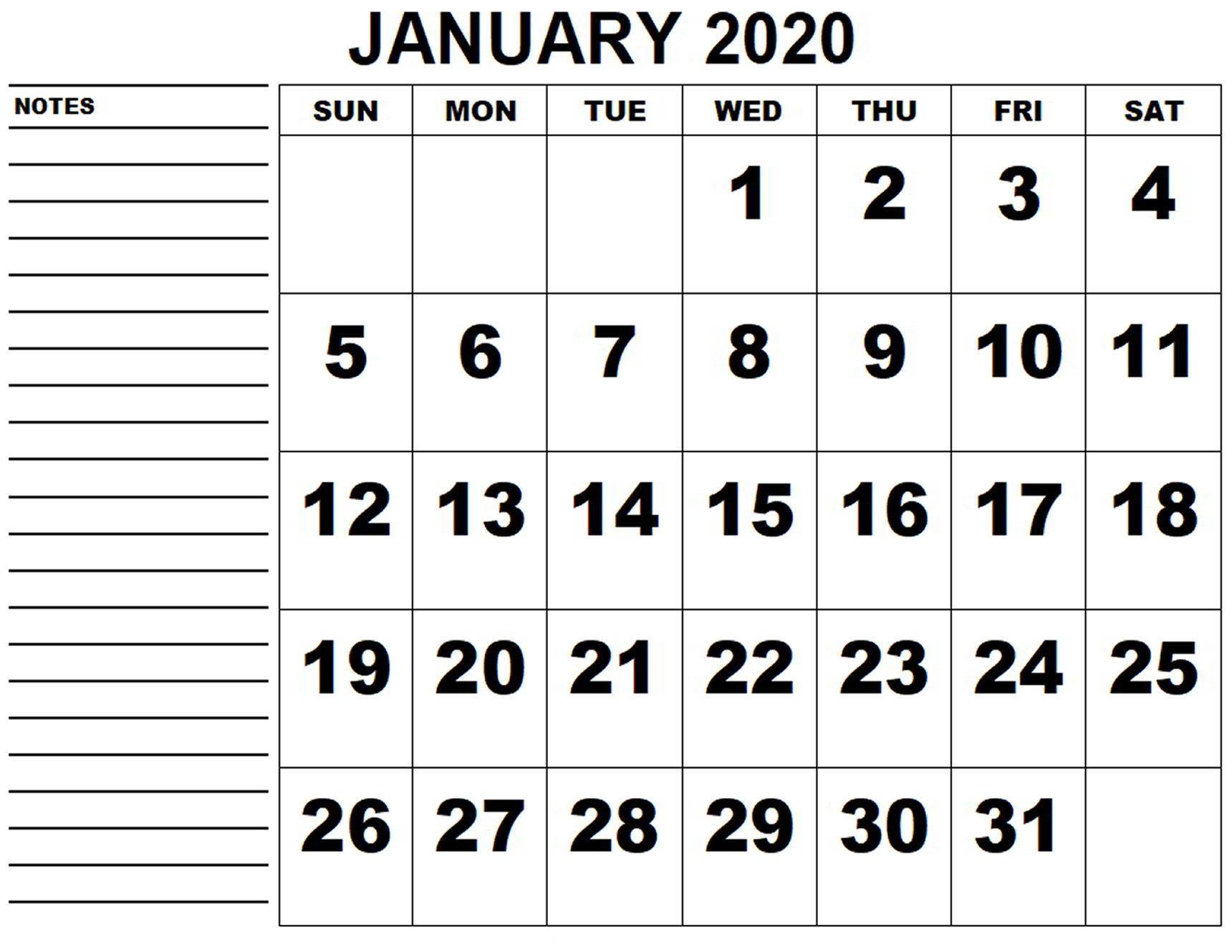 Print January 2020 Calendar Template | 12 Month Printable