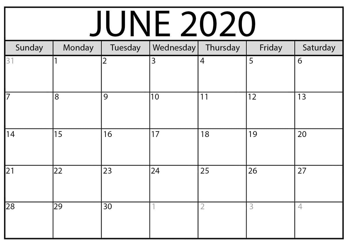 Print June Calendar 2020 Free Blank Editable Template - Pdf