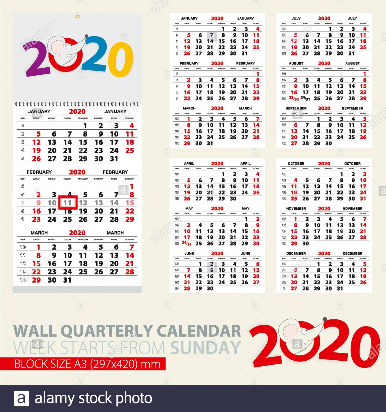 Print Template Of Wall Quarterly Calendar For 2020 Year