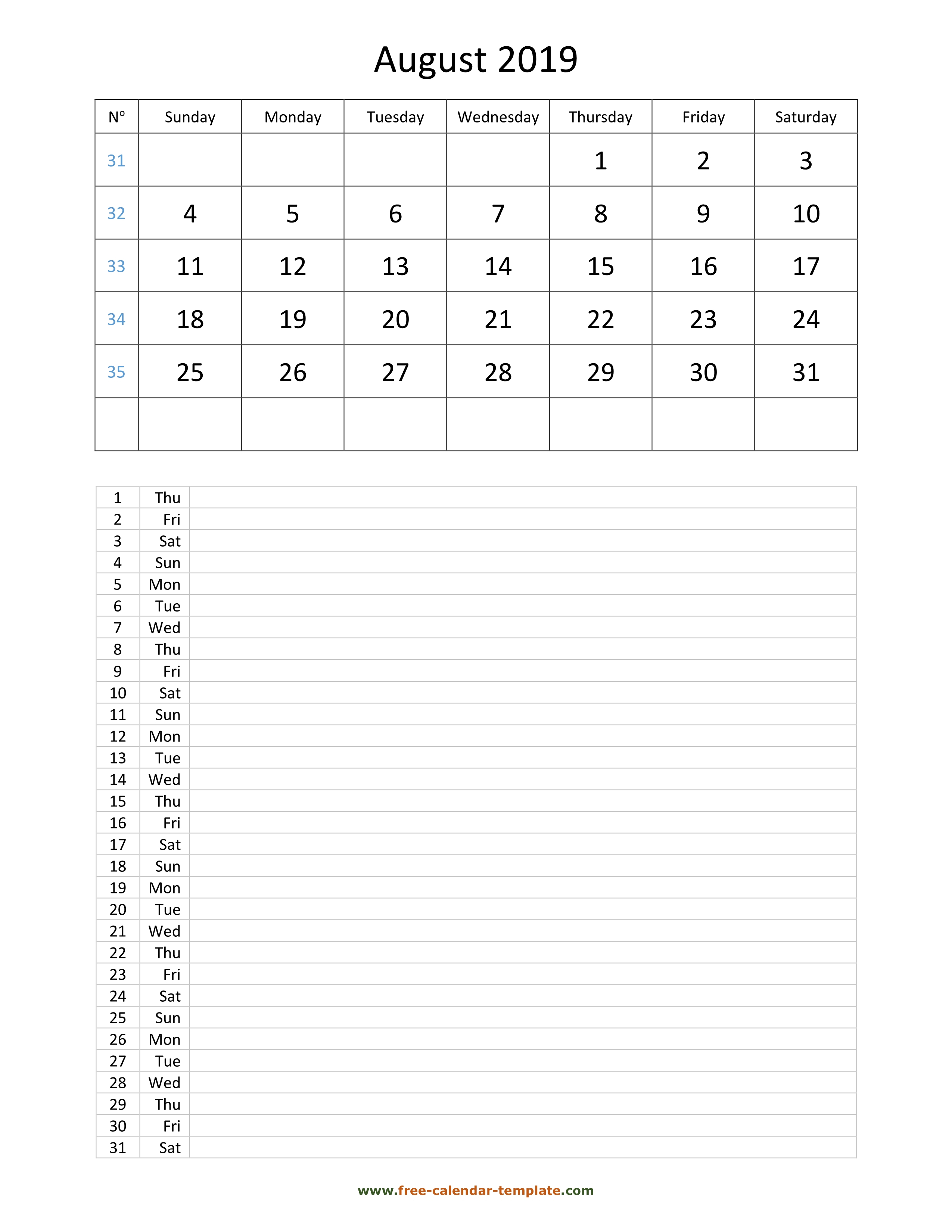 Printable 2019 August Calendar Grid Lines For Daily Notes