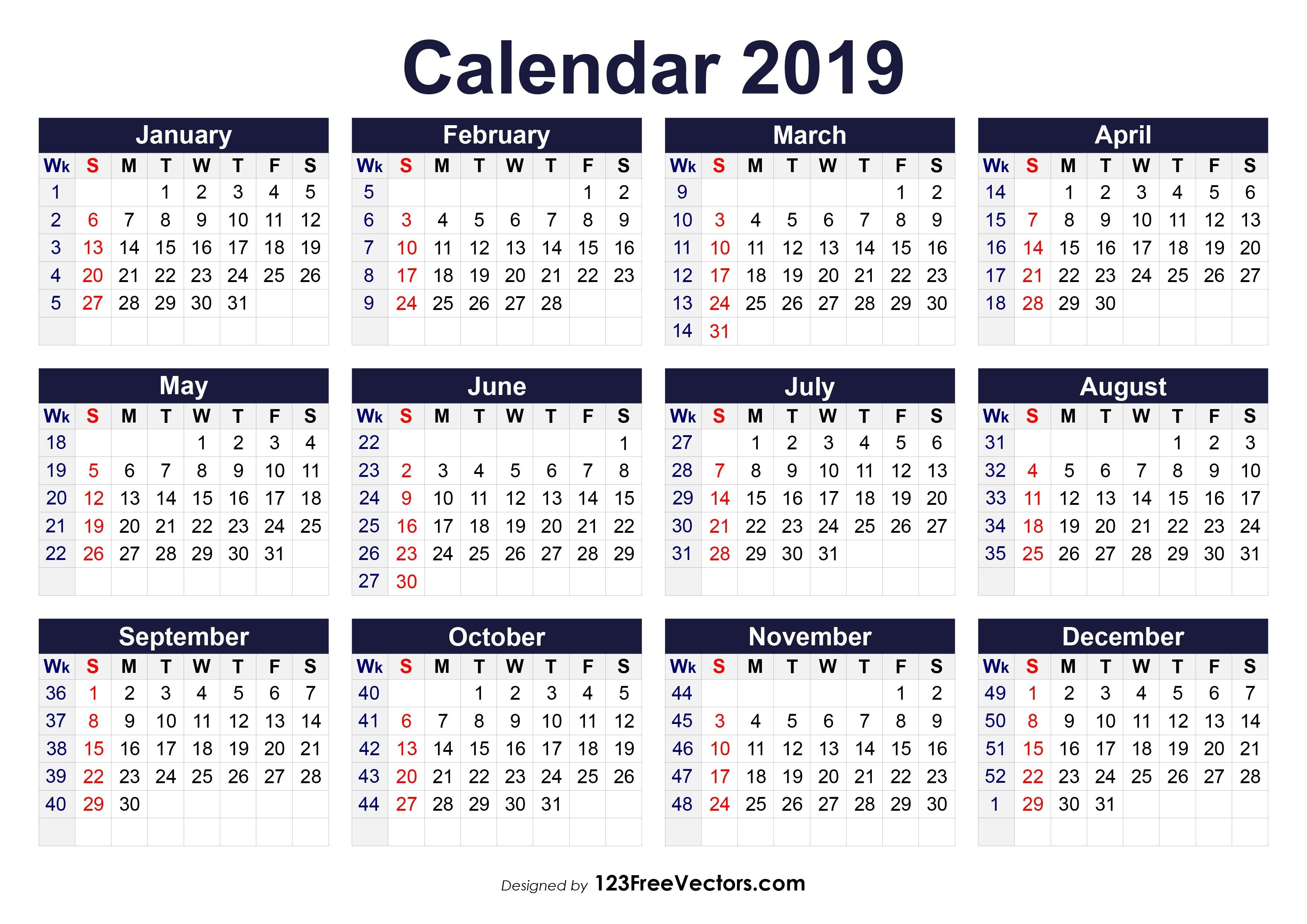 Printable 2019 Calendar With Week Numbers Free Download 2019