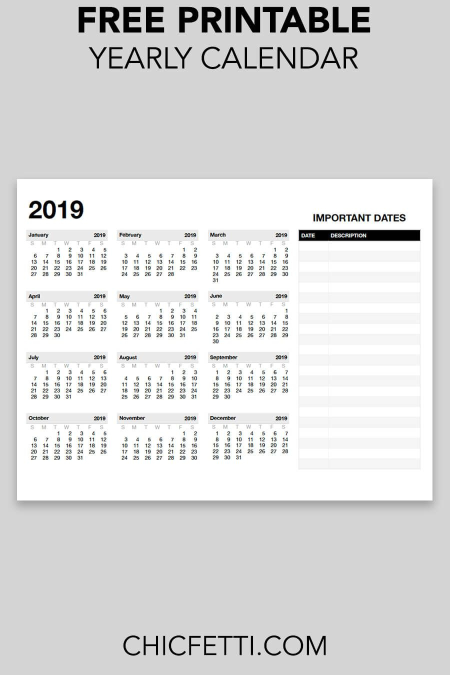 Printable 2019 Yearly Calendar | Free Printable Calendar