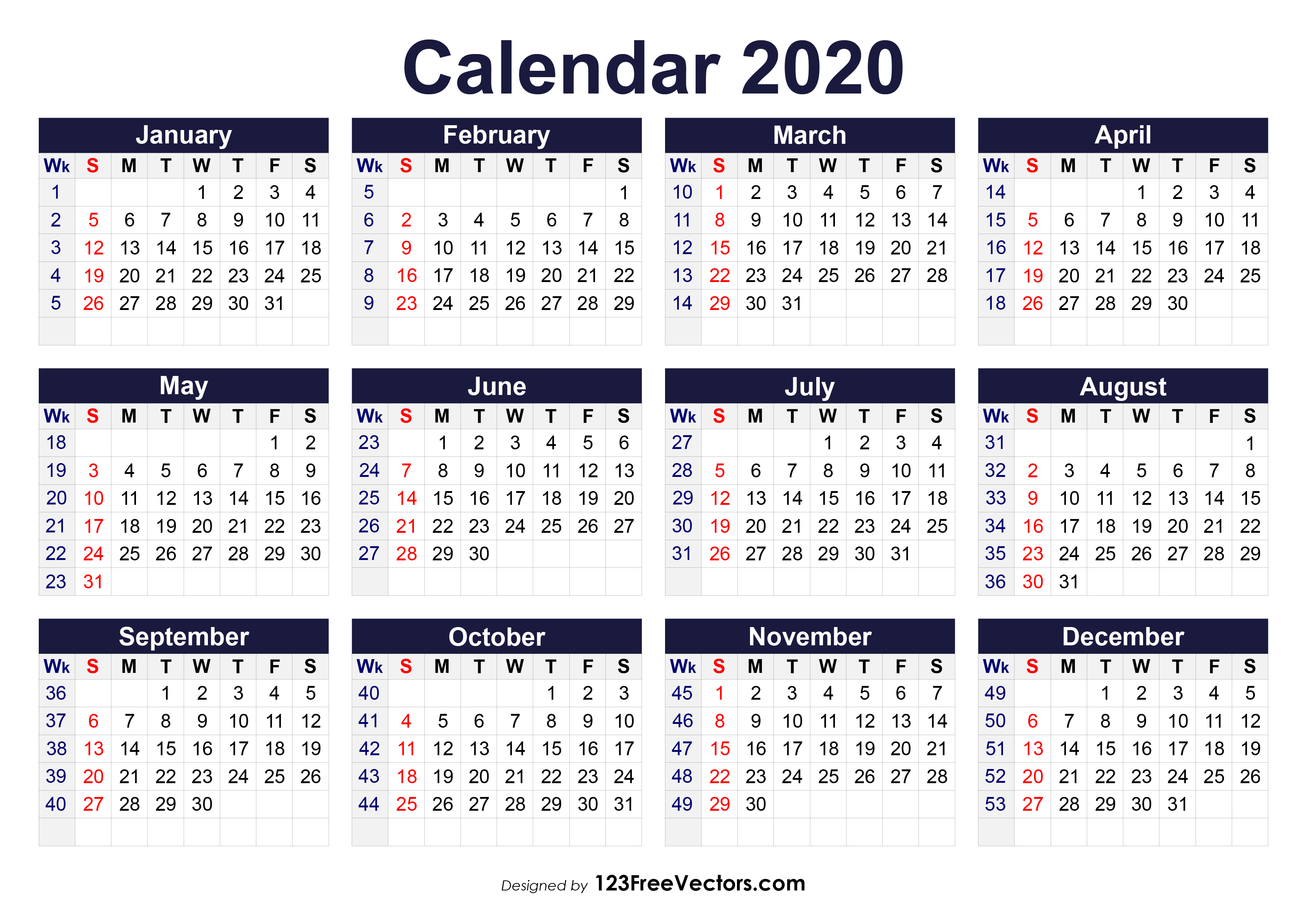Printable 2020 Calendar With Week Numbers