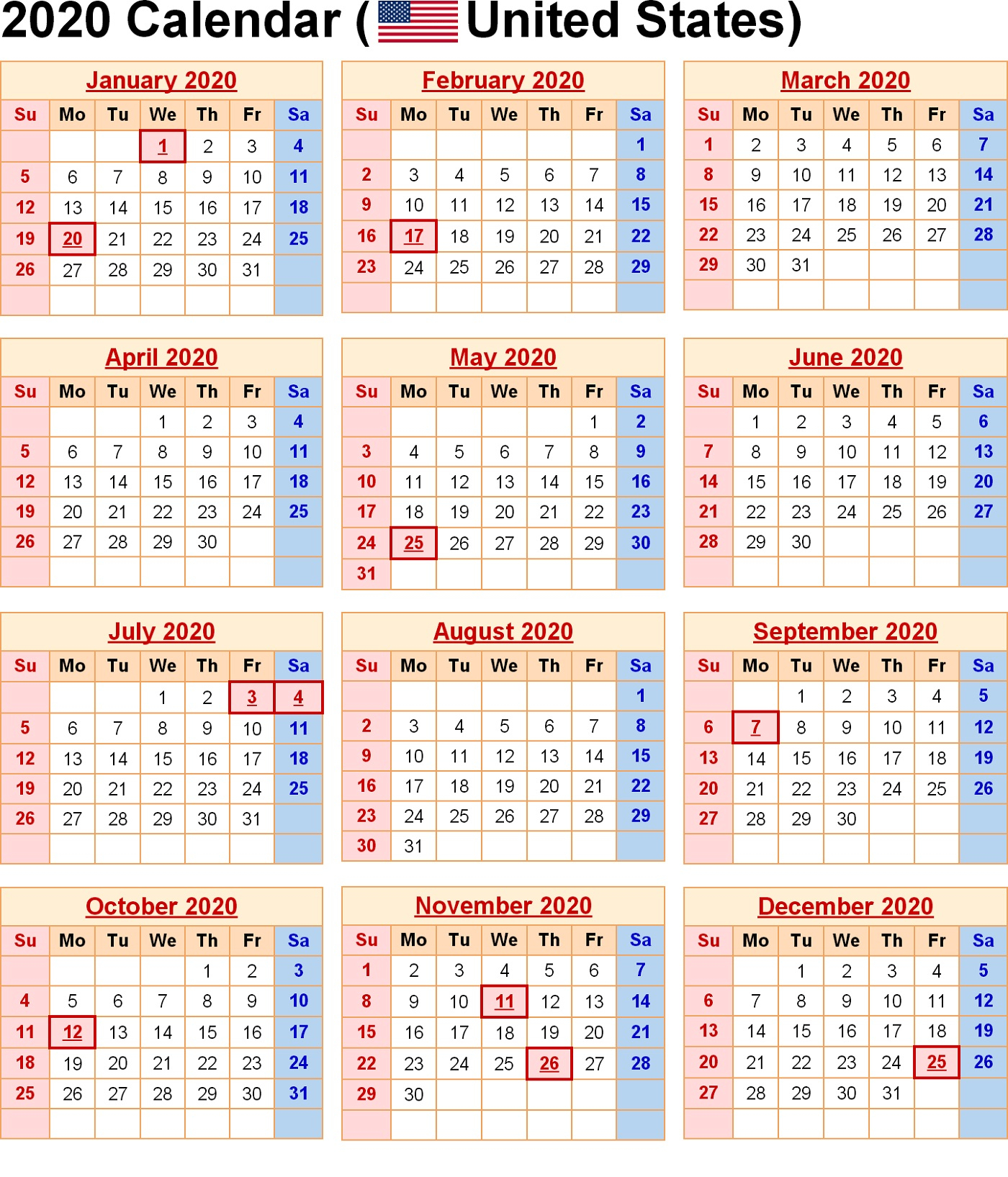 Printable 2020 Yearly Calendar 12 Months | Calendar Shelter