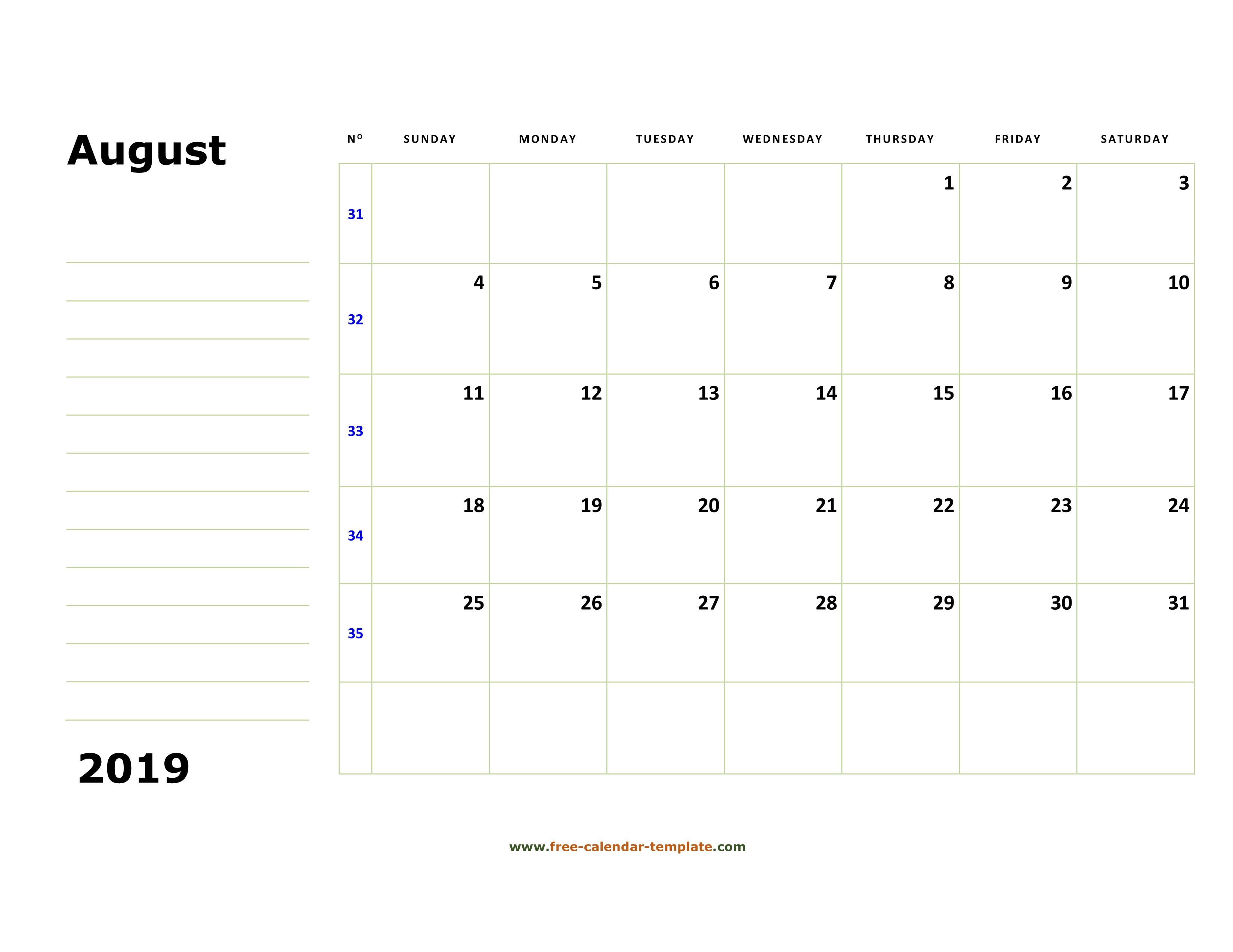 Printable August 2019 Calendar (Box And Lines For Notes