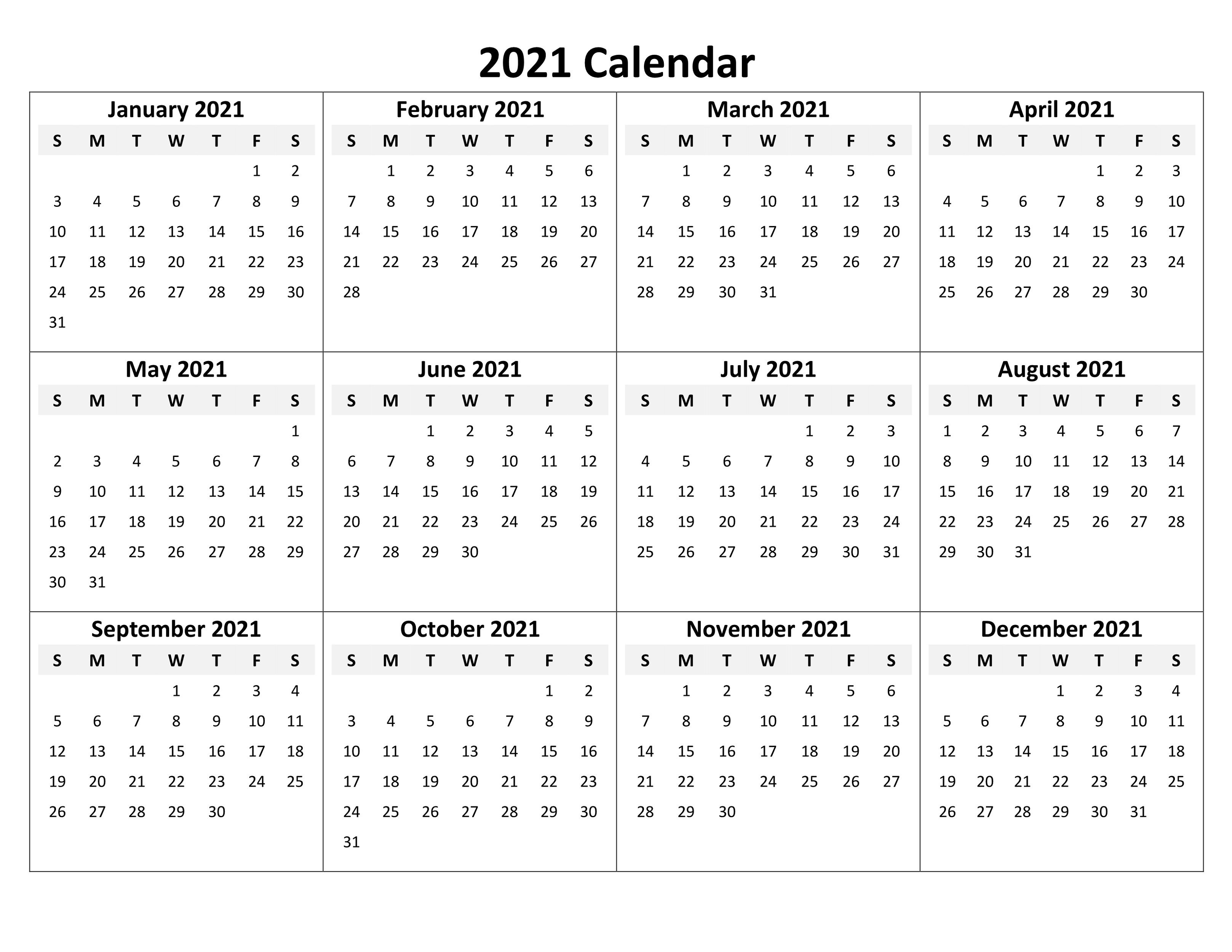 Printable Blank Calendar 2021 Yearly And Monthly | Calendar