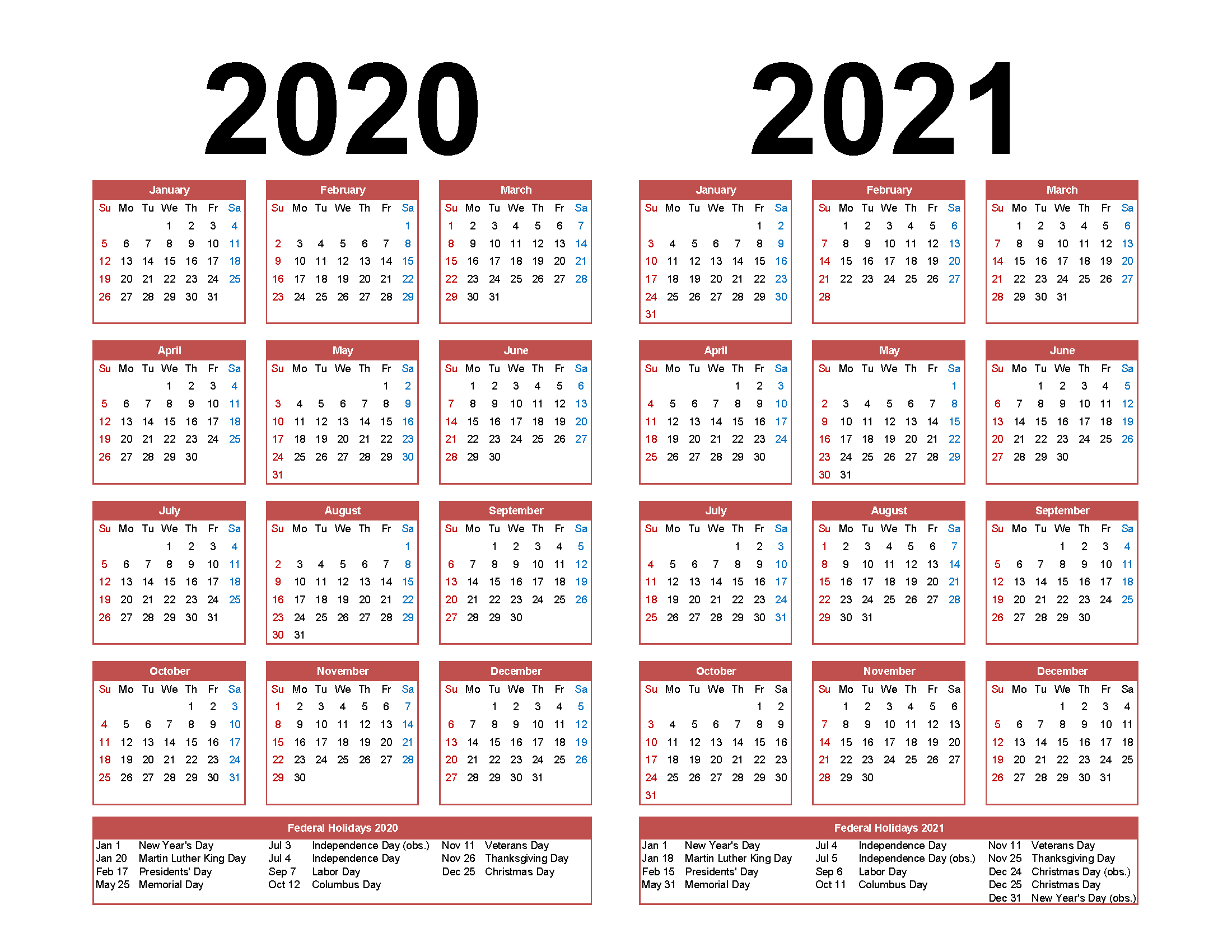 Printable Calendar 2020 2021 Two Year Per Page Free Pdf