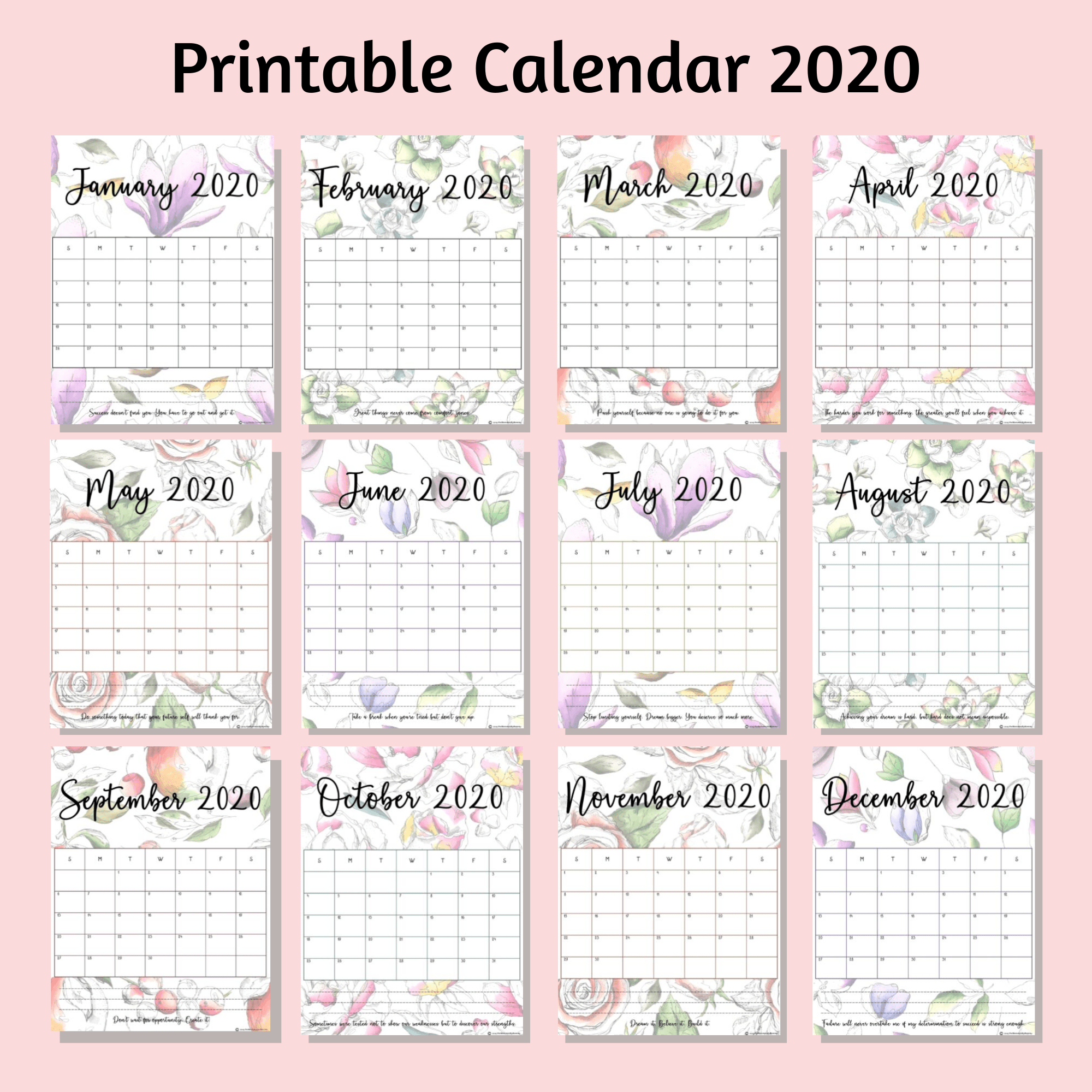Printable Calendar 2020 In Beautiful Floral Designs