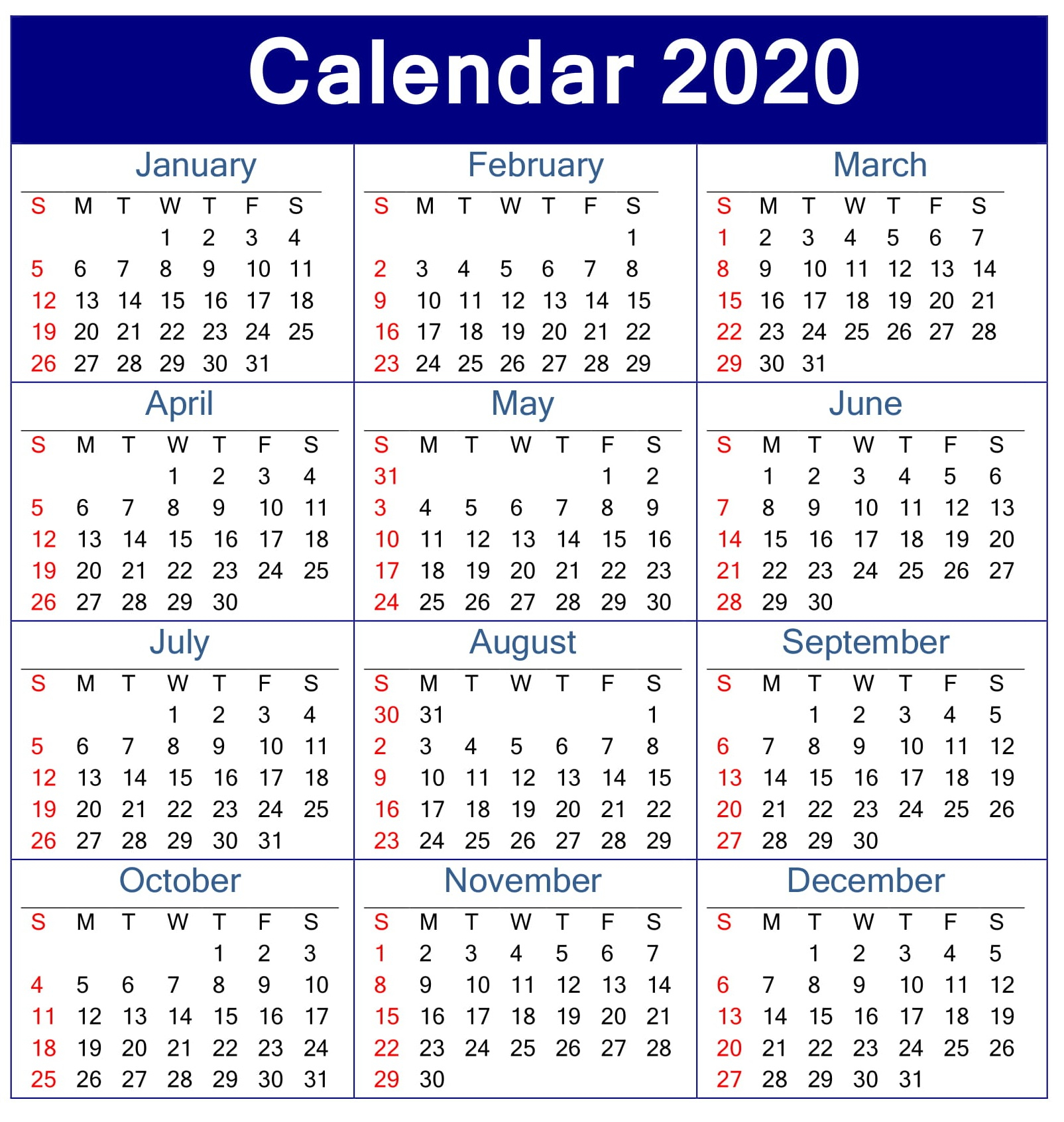 Printable Calendar 2020 Pdf Template – Free Latest Calendar