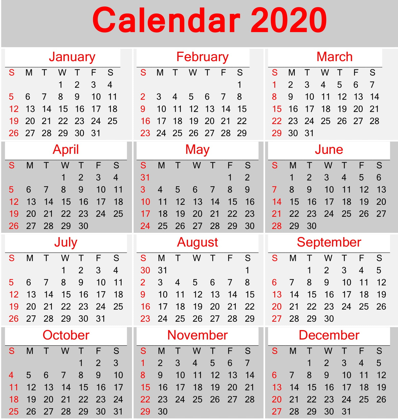 Printable Calendar 2020 Pdf Template – Free Latest Calendar